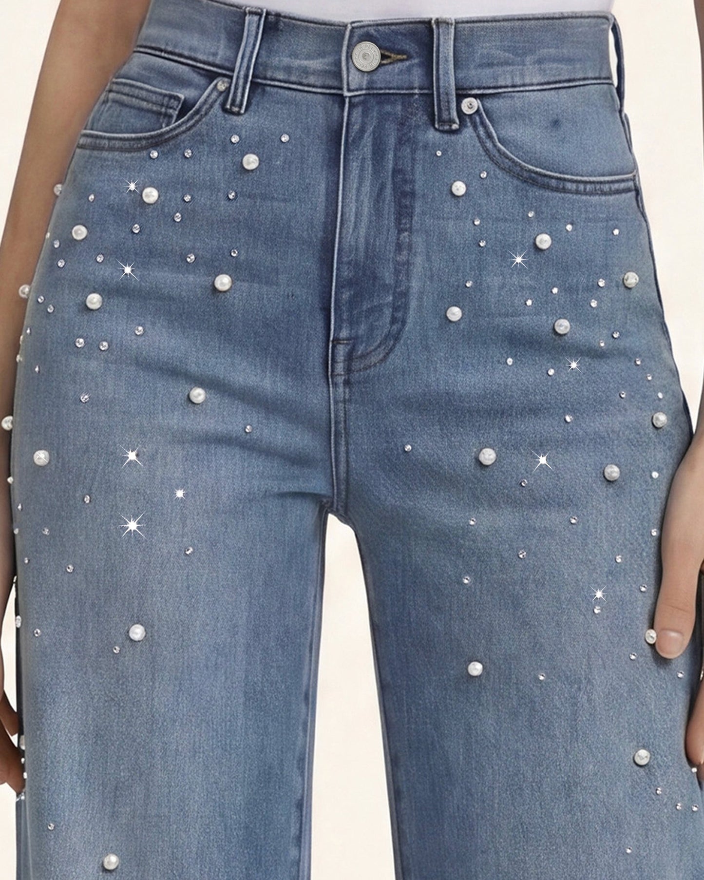 Deniz Kızı Kesim Simli Parlak Pearl Kot Pantolon - Dancing Ay Işığı Rengi