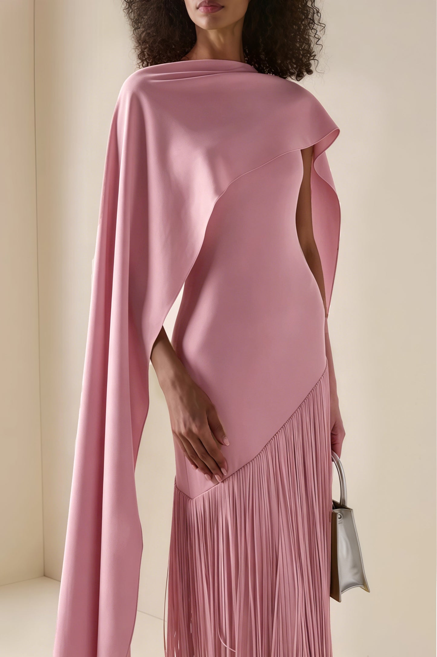 Cayetana Pink Fringe Maxi Dress with Cape Effect