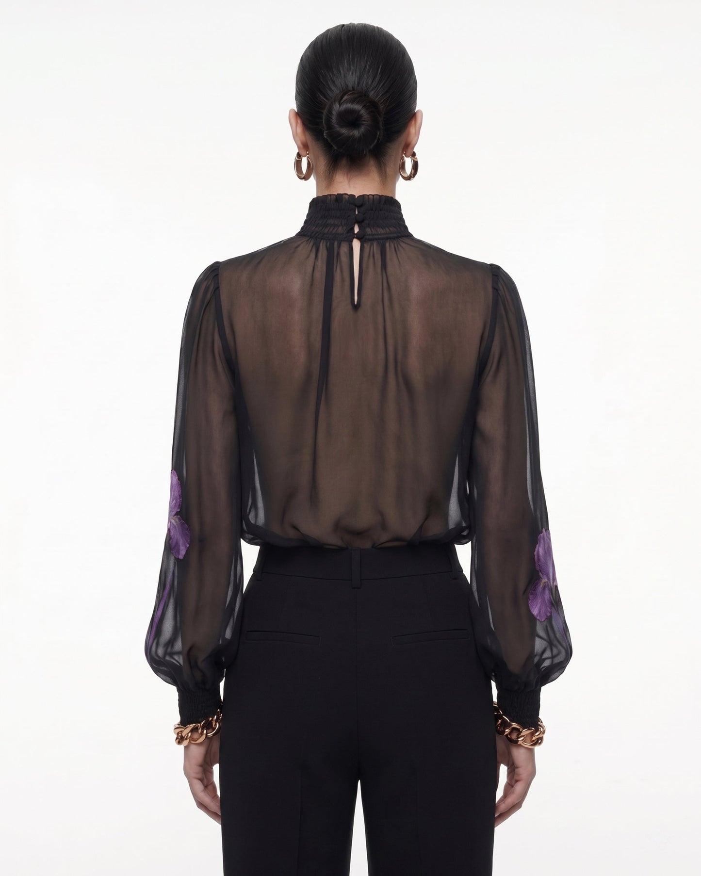 Iris Desenli Transparan Balıkçı Yaka Bluz - Black/Purple