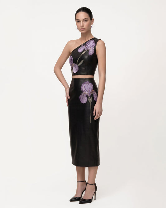 Iris Floral-Print High Waist Pencil Leather Midi Skirt - Black