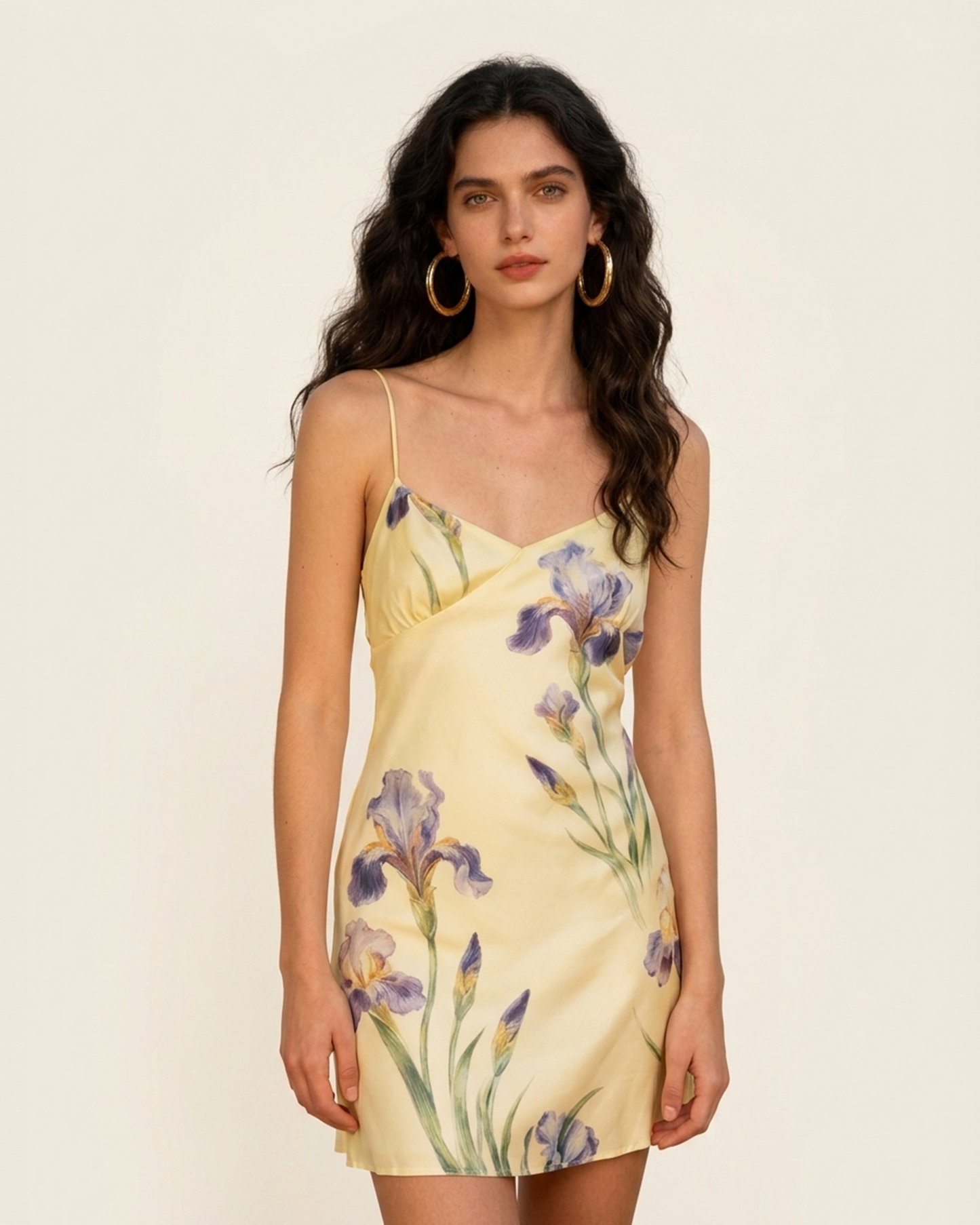 Iris Desenli Saten Slip (Askılı) Mini Elbise - Yumuşak Sarı