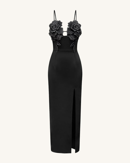 3D Floral Strappy Maxi Dress - Black