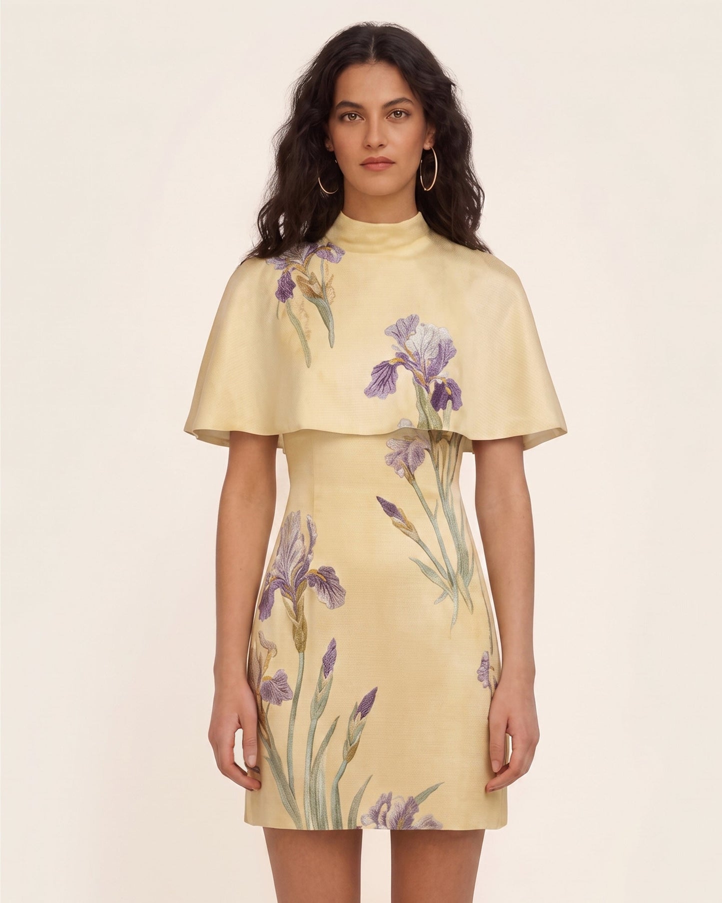 Iris Desenli Pelerin Katmanlı Mini Elbise - Yumuşak Sarı