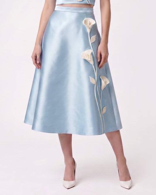 Floral Appliqué Satin Midi Skirt - Light Blue