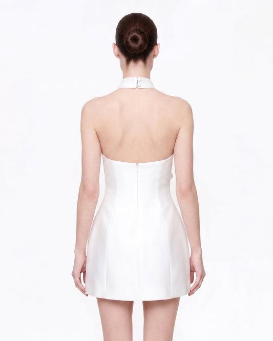 3D Floral Halter Mini Dress - White