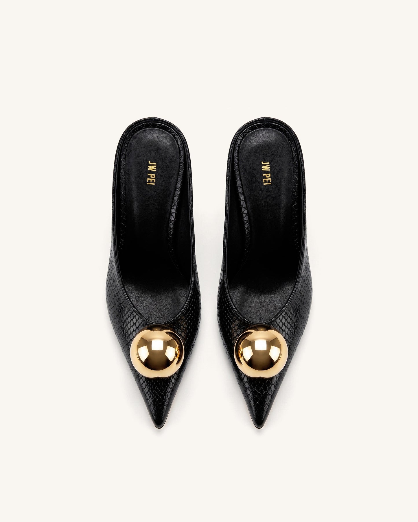 Sofia Angled Vamp Snakeskin Heel Mules - Black