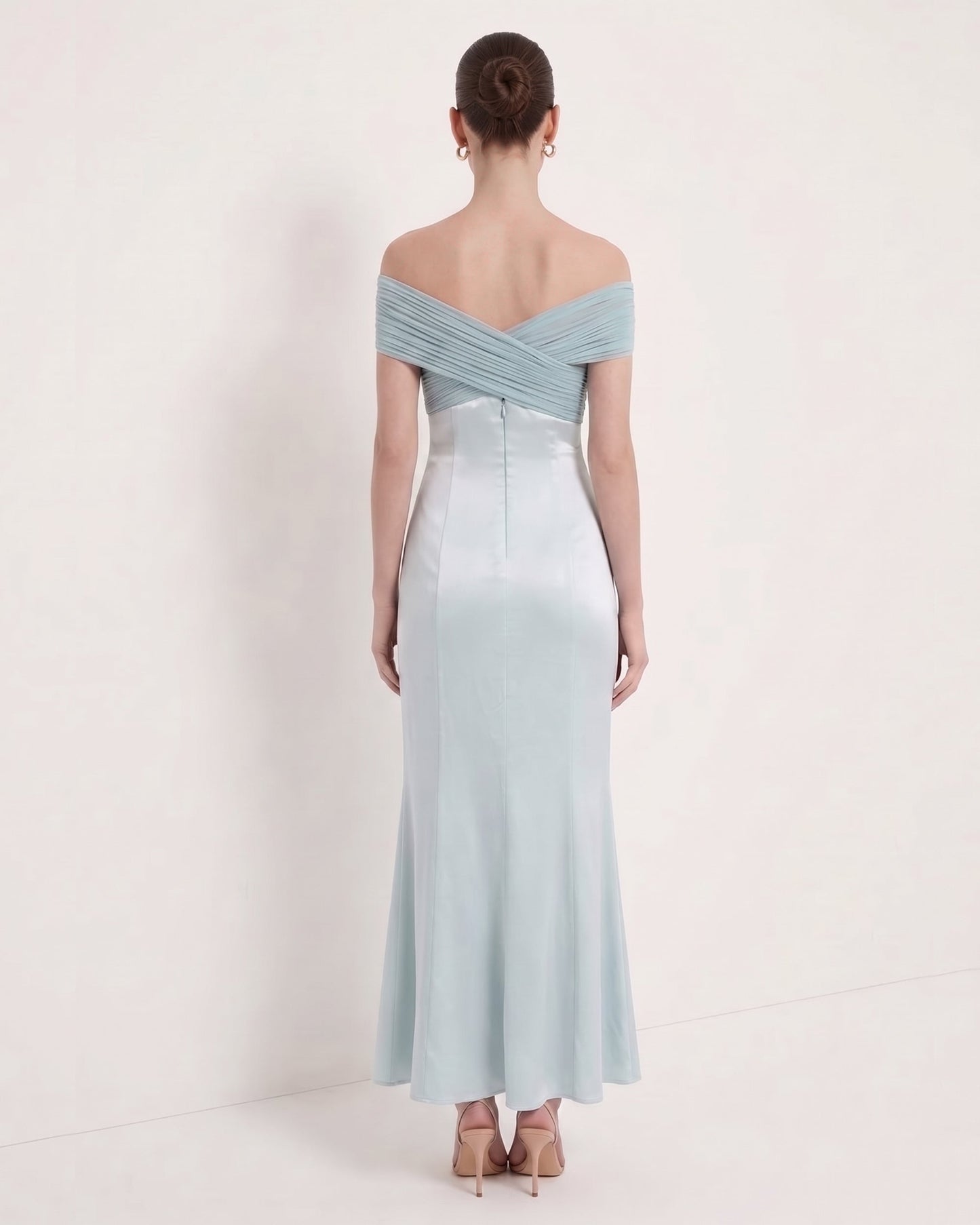 Pilili Çapraz Halter Saten Maxi Elbise - Pastel Mavi