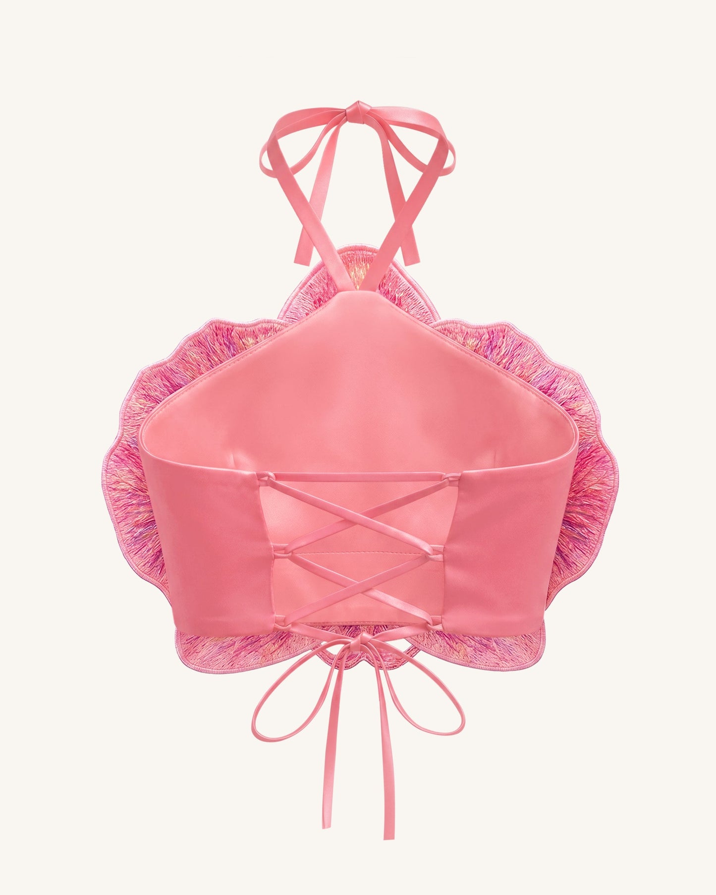 3D Orkide Halter Yaka Crop (Kısa Kesim) Üst / Bluz - Pembe