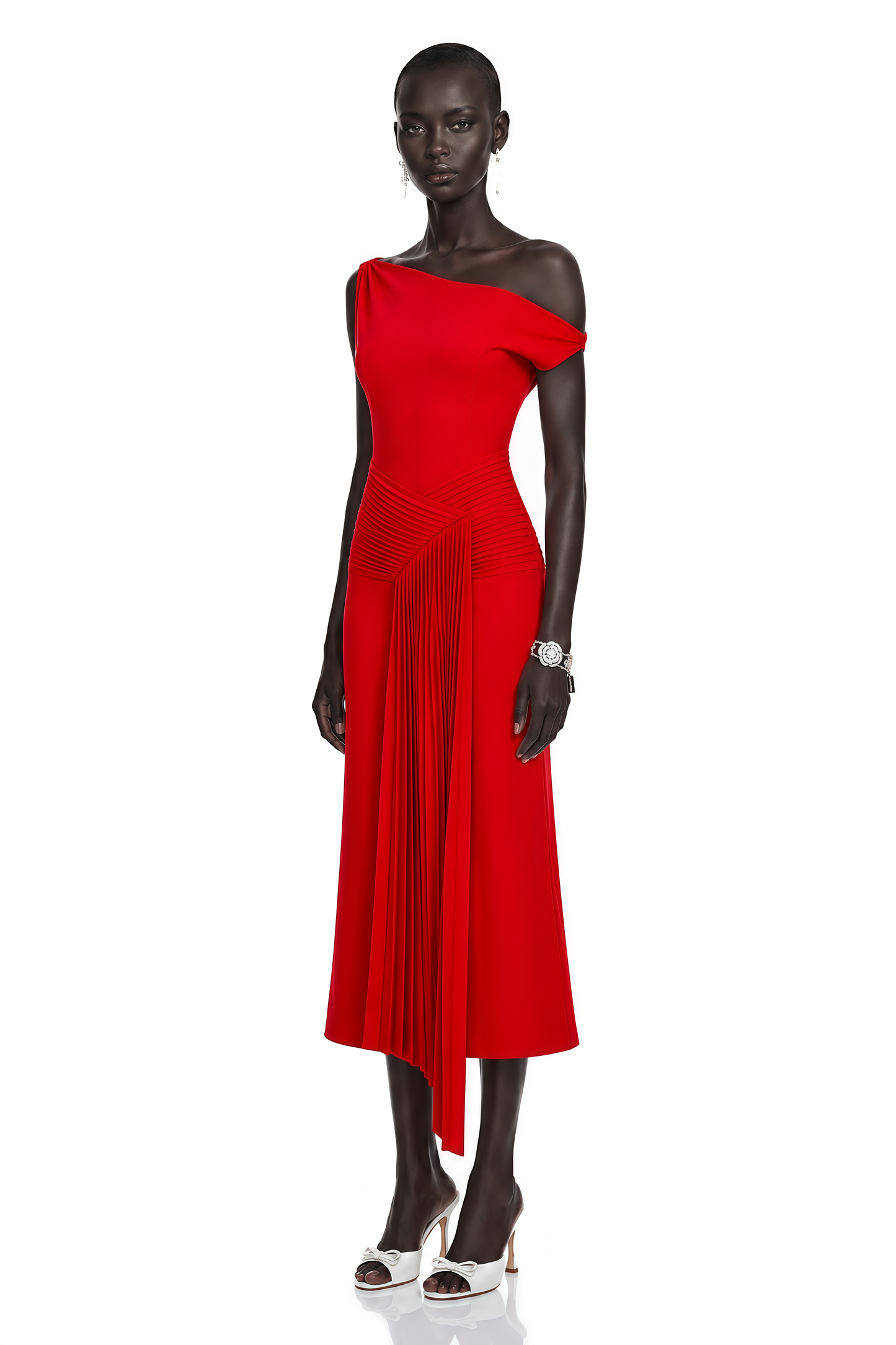 Laurine Asymmetrical Draped Midi Dress in Red
