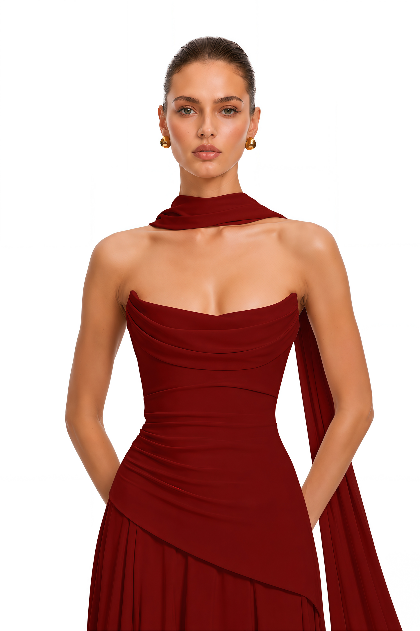 Romane Burgundy Strapless Corset Chiffon Maxi Dress