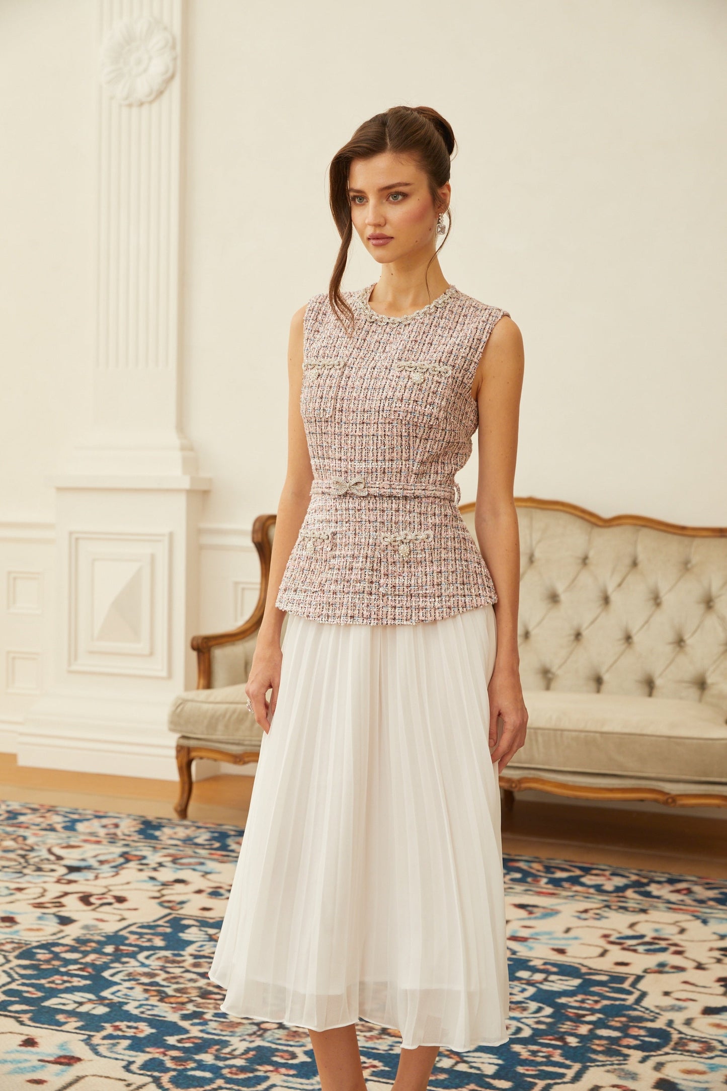 Lola Pink Embellished Tweed Panel Midi Dress