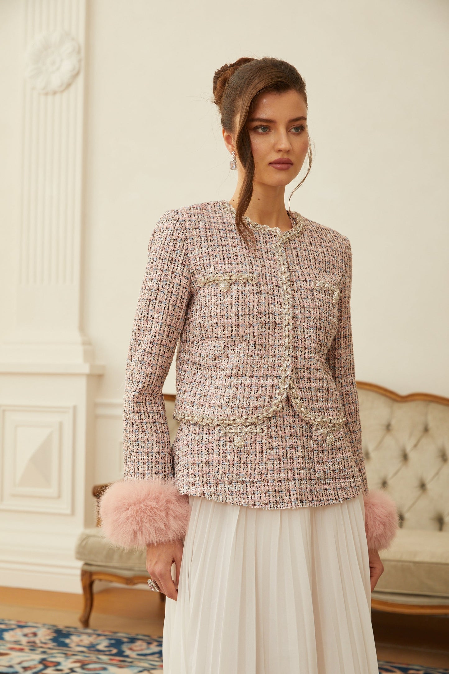 Lola Pink Embellished Checked Tweed Jacket