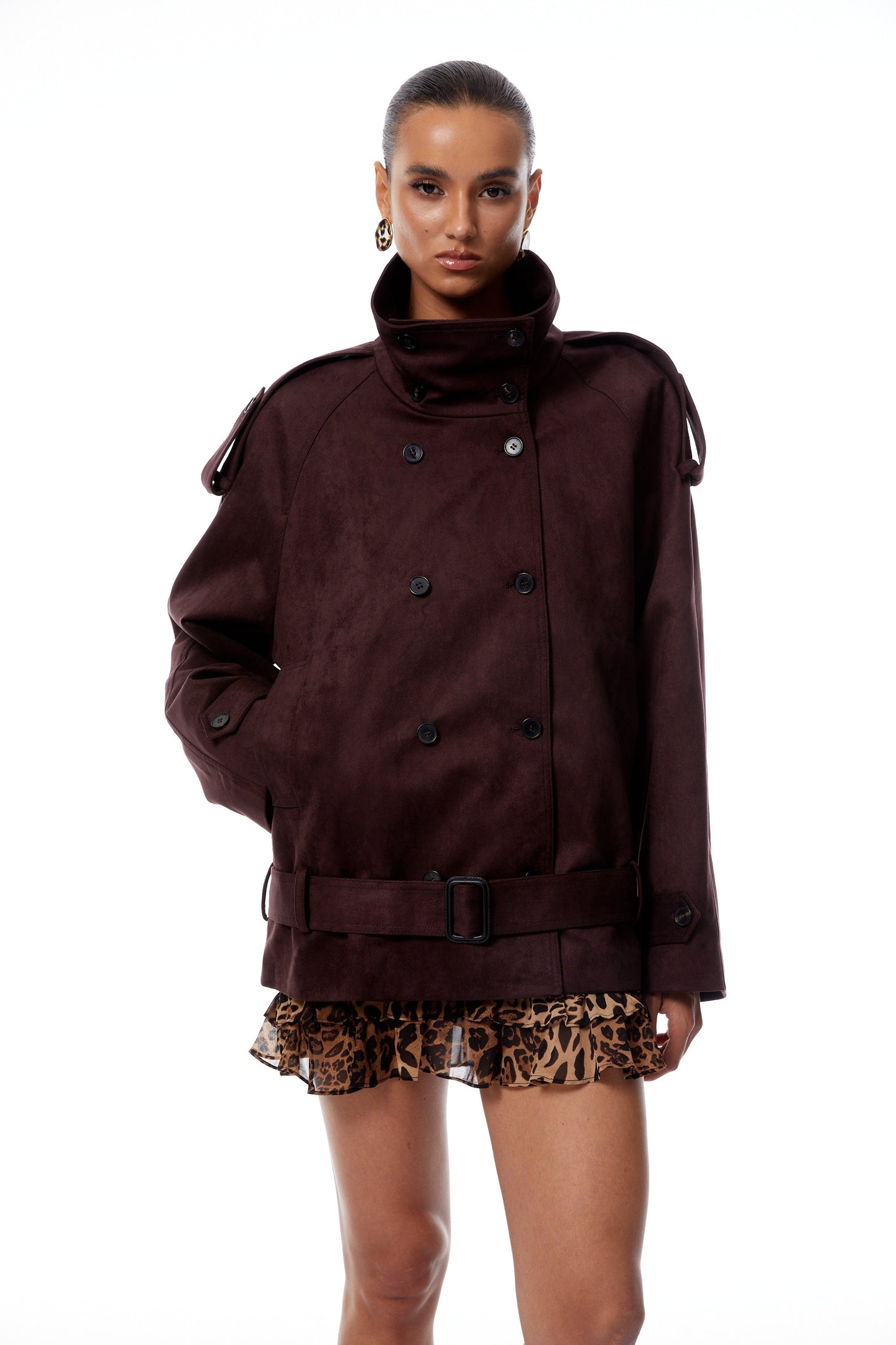 Flavia Burgundy Belted Suede Trench Coat