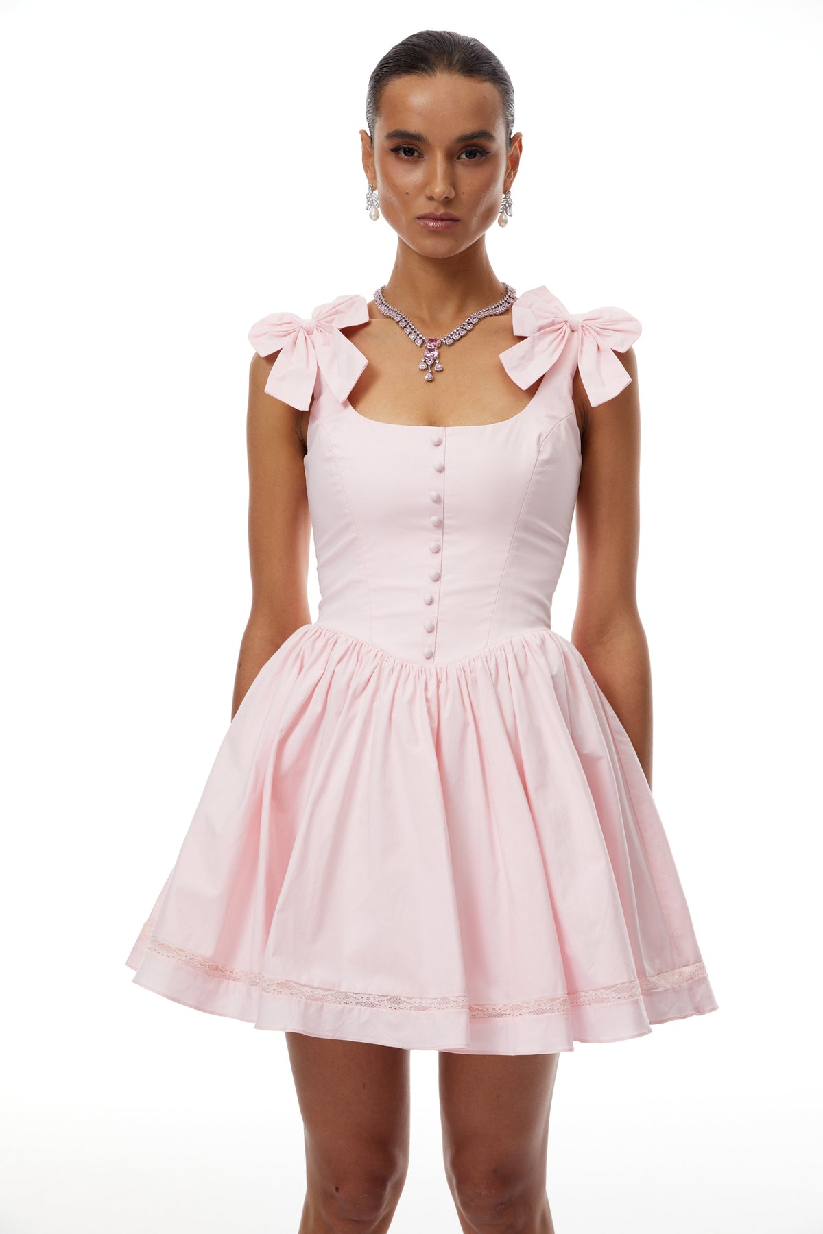 Anișoara Pembe Fiyonk Detaylı Mini Elbise