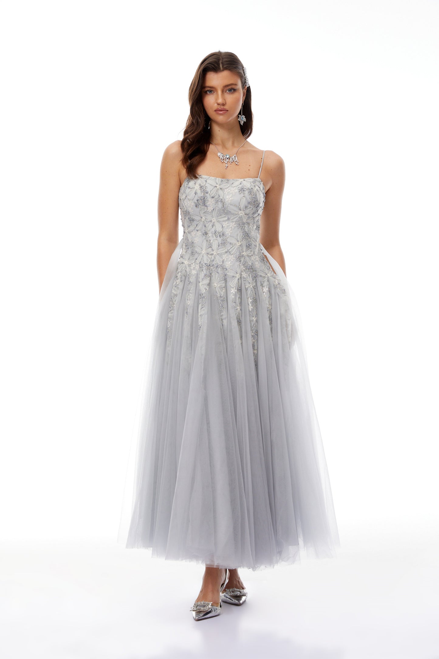 Adalynn Grey Floral Embroidered Tulle Maxi Dress