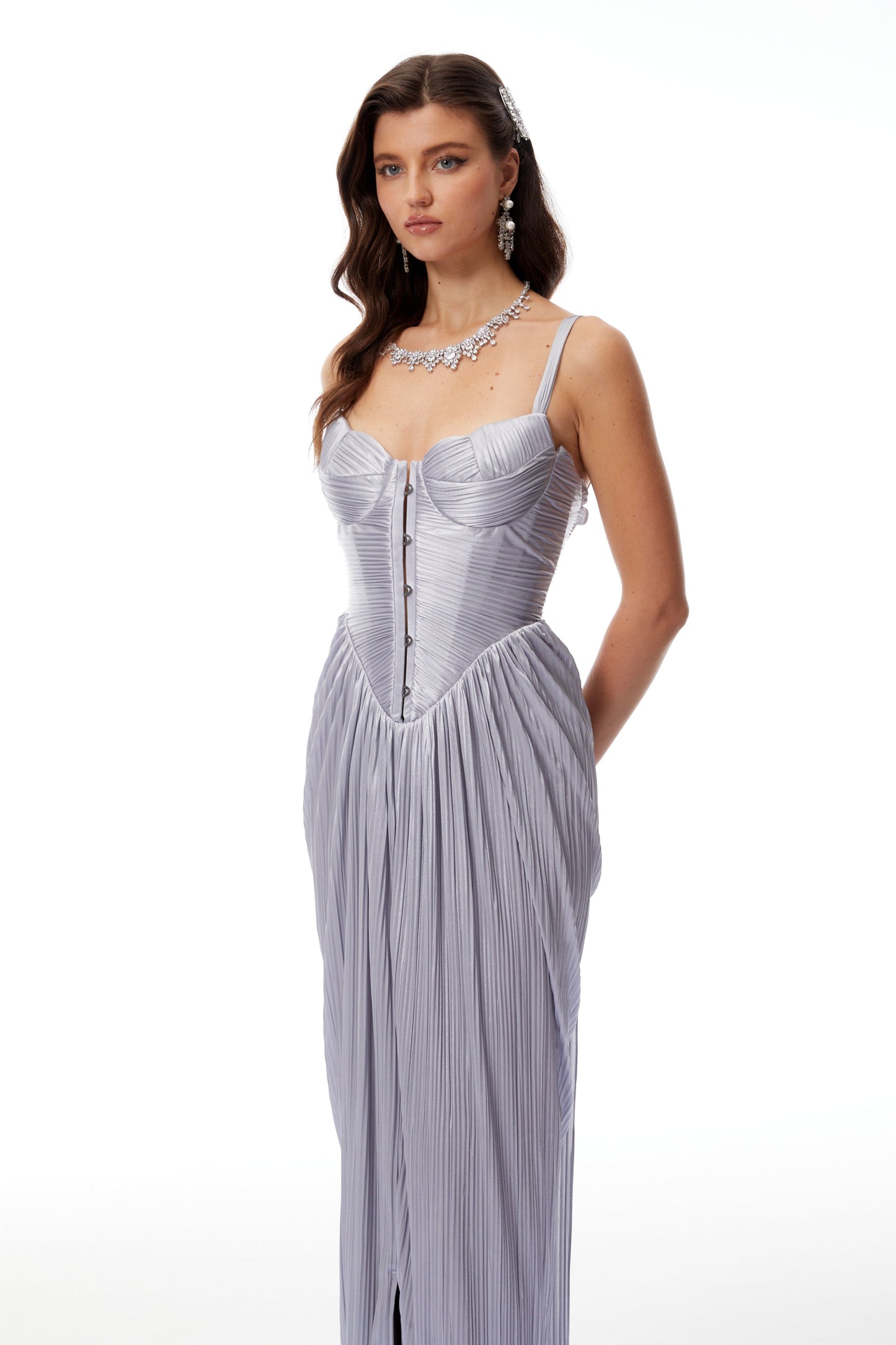 Nicoletta Silver Parlak Büzgülü Korse Uzun Elbise