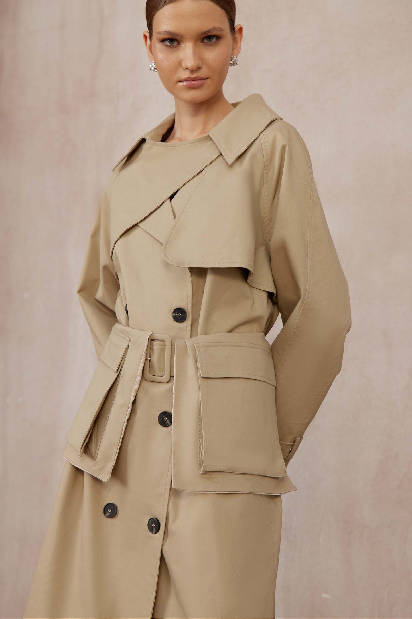 Raquel Khaki Asymmetrical Long Trench Coat