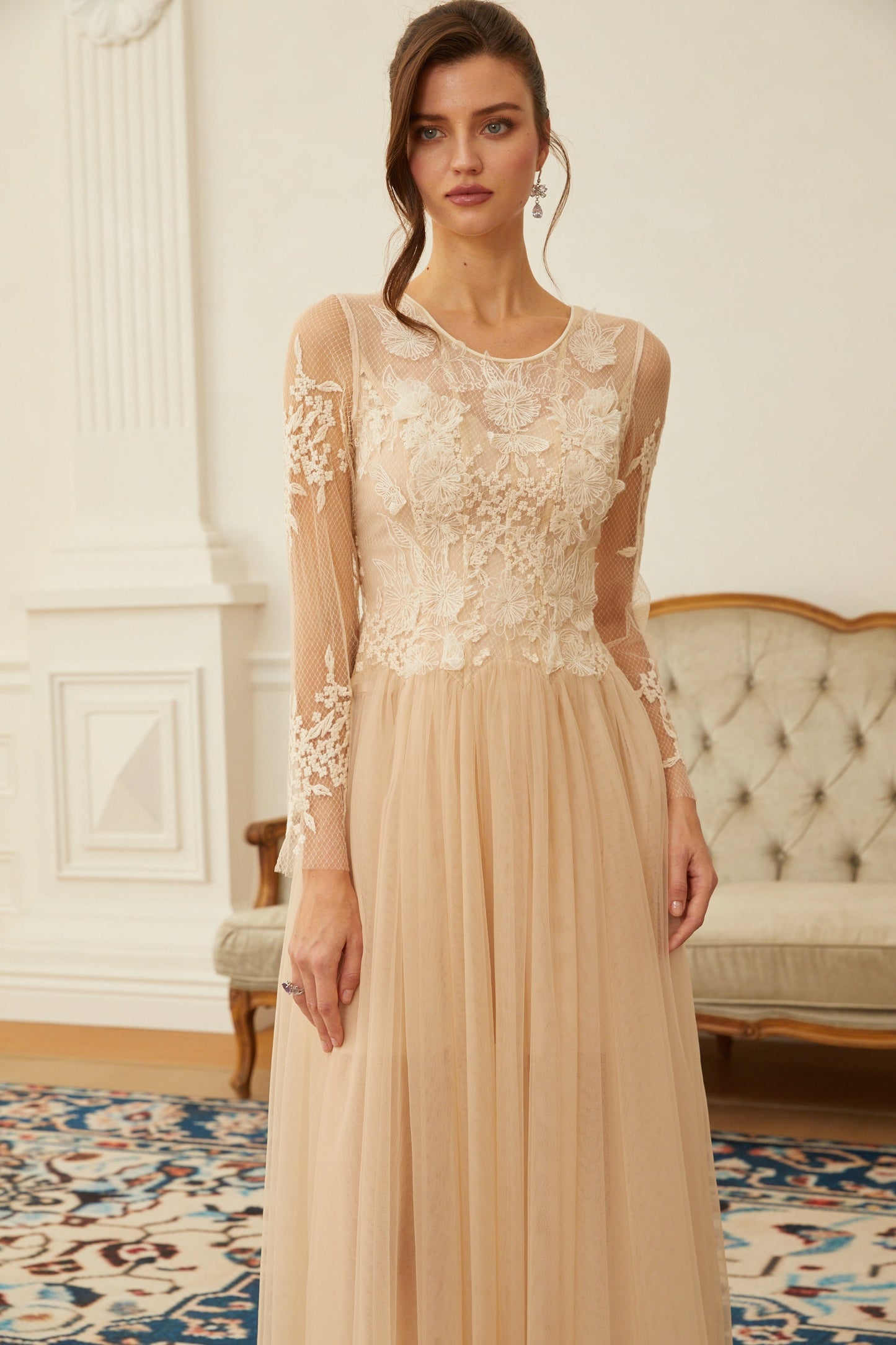 Aviana Neutral Lace Panel Tulle Midi Dress