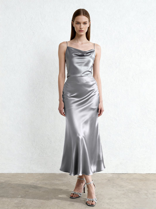 Liquid Satin Mermaid Maxi Skirt - Silver