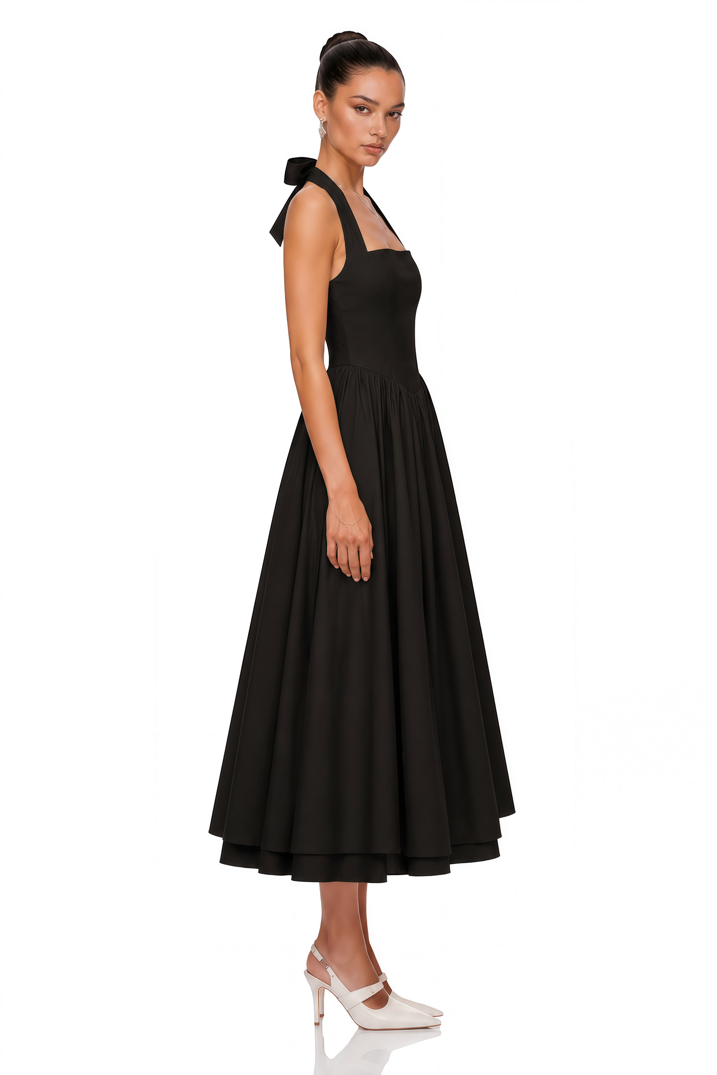 Eponine Black Layered Flared Hem Midi Dress