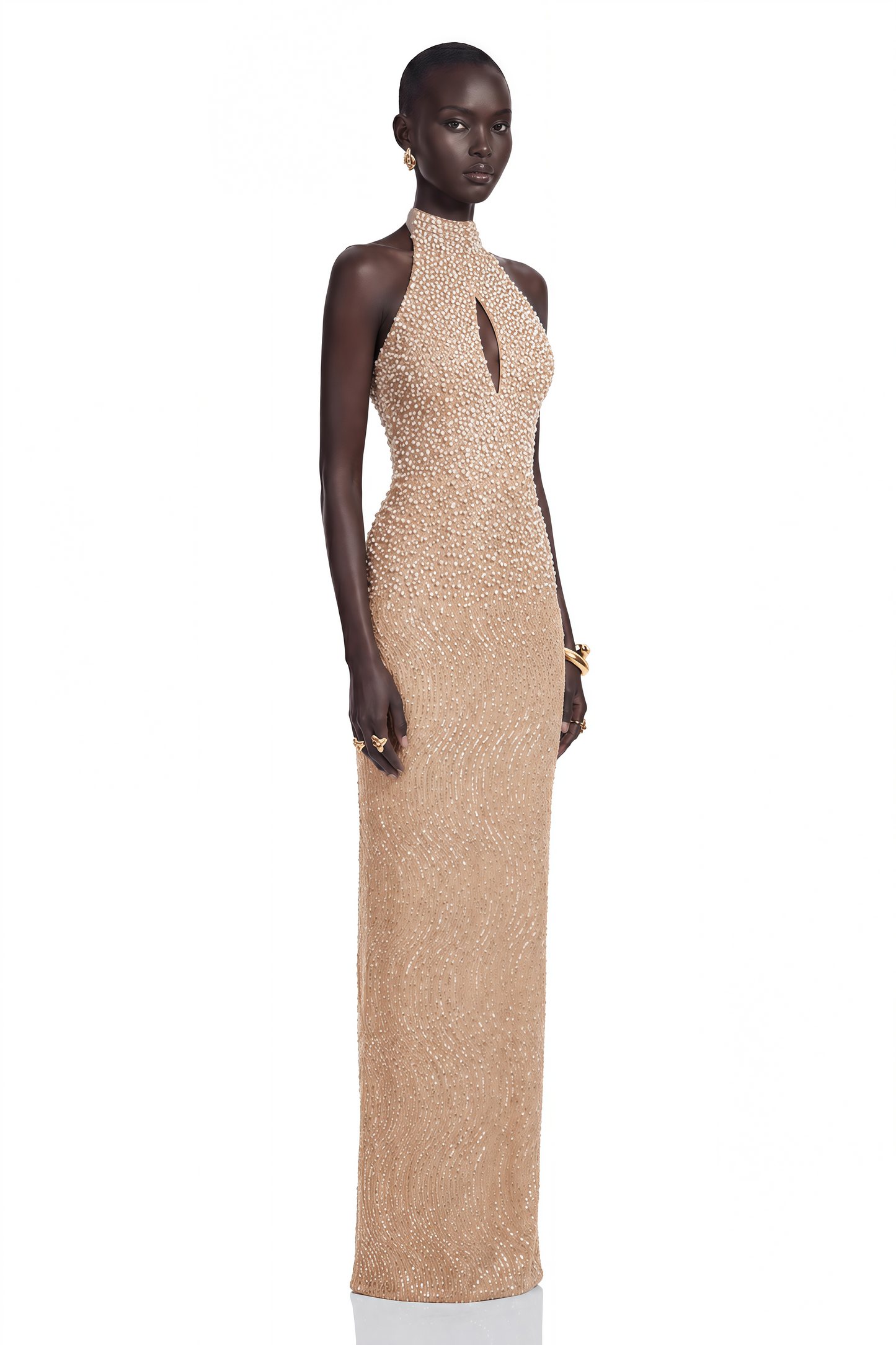 Adél Neutral Halterneck Embellished Maxi Gown