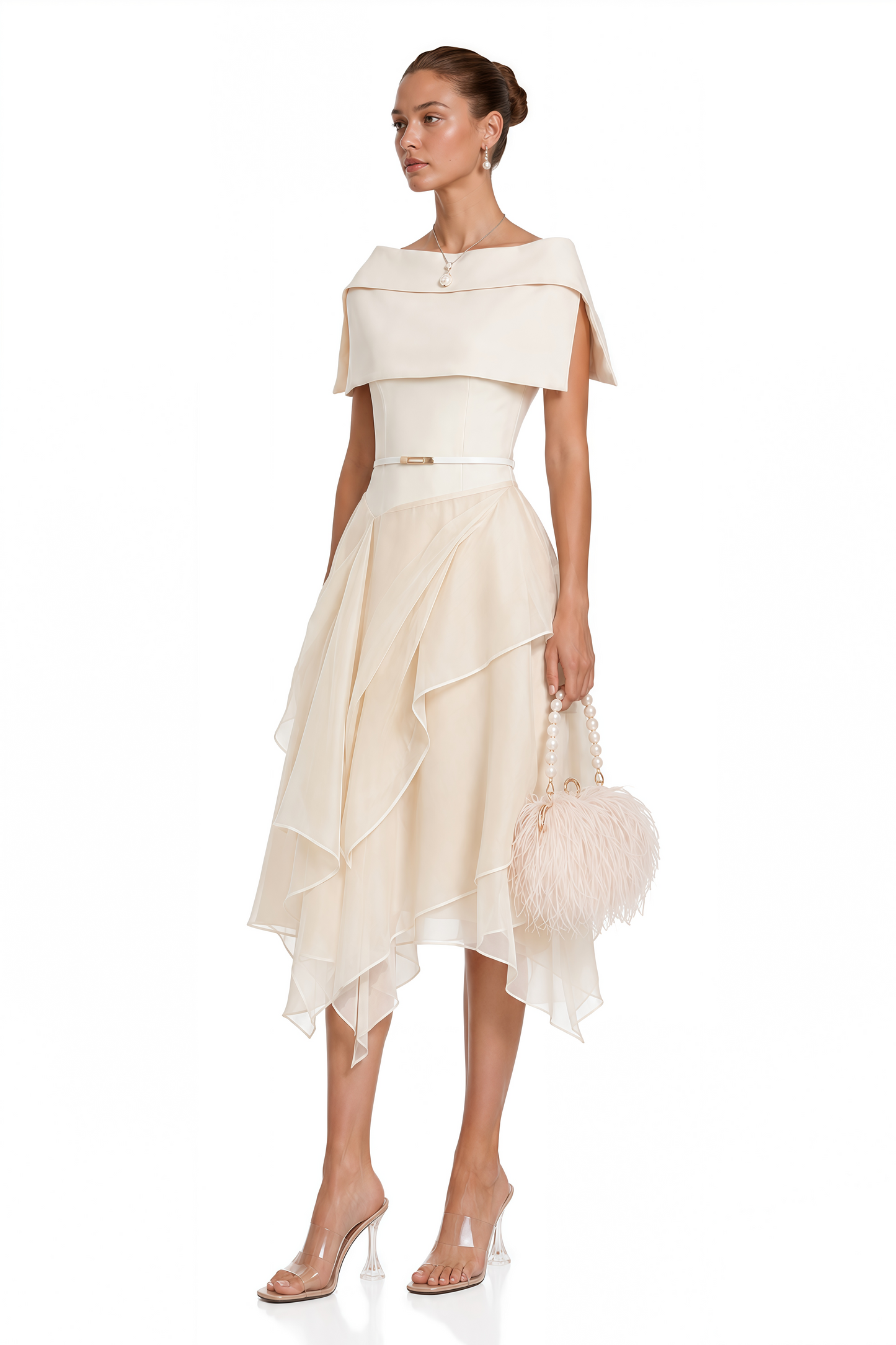 Aria White Asymmetrical Shawl & Tulle Panel Dress Set