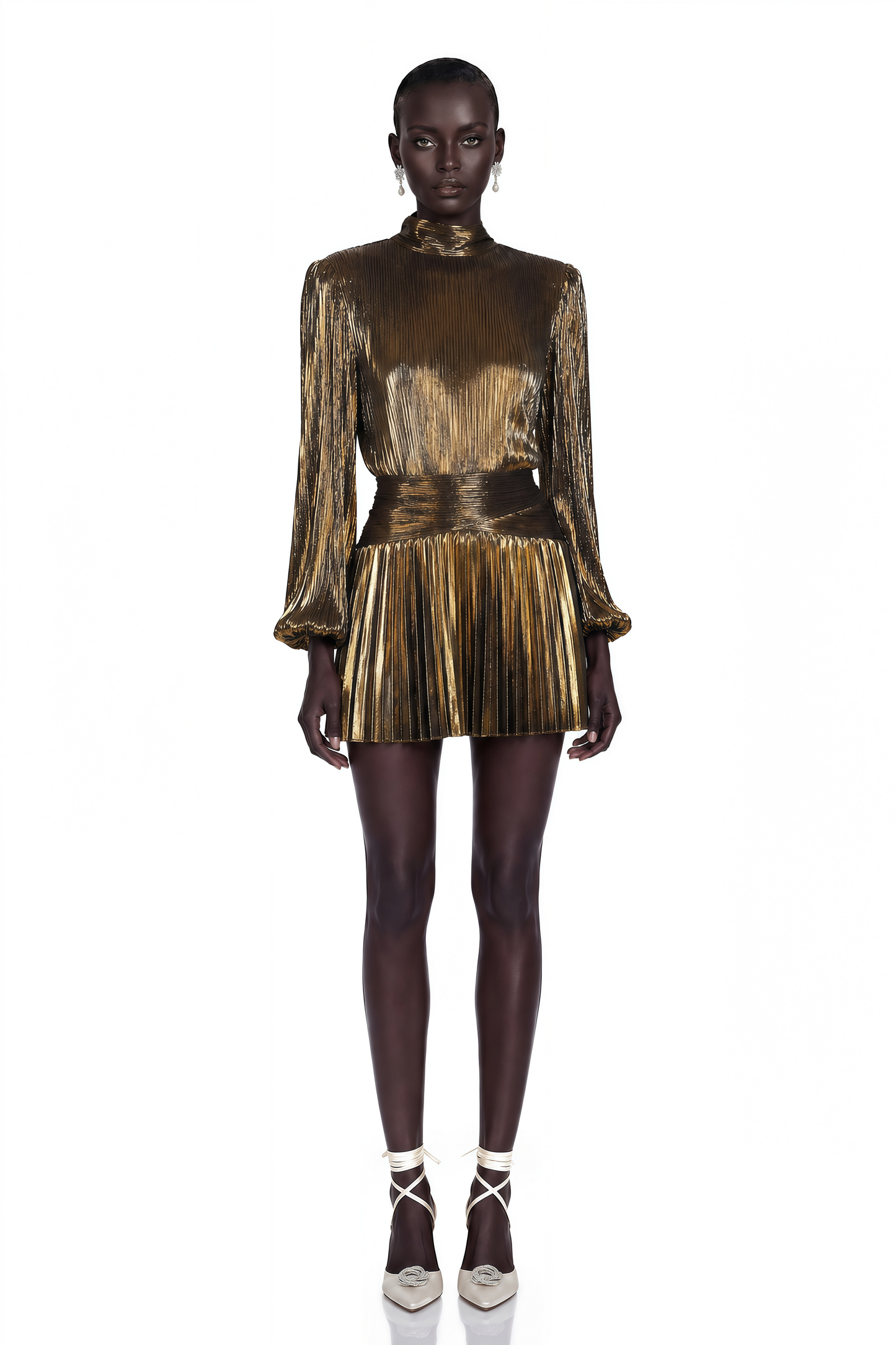 Dineo Antique Gold High Neck Pleated Mini Dress