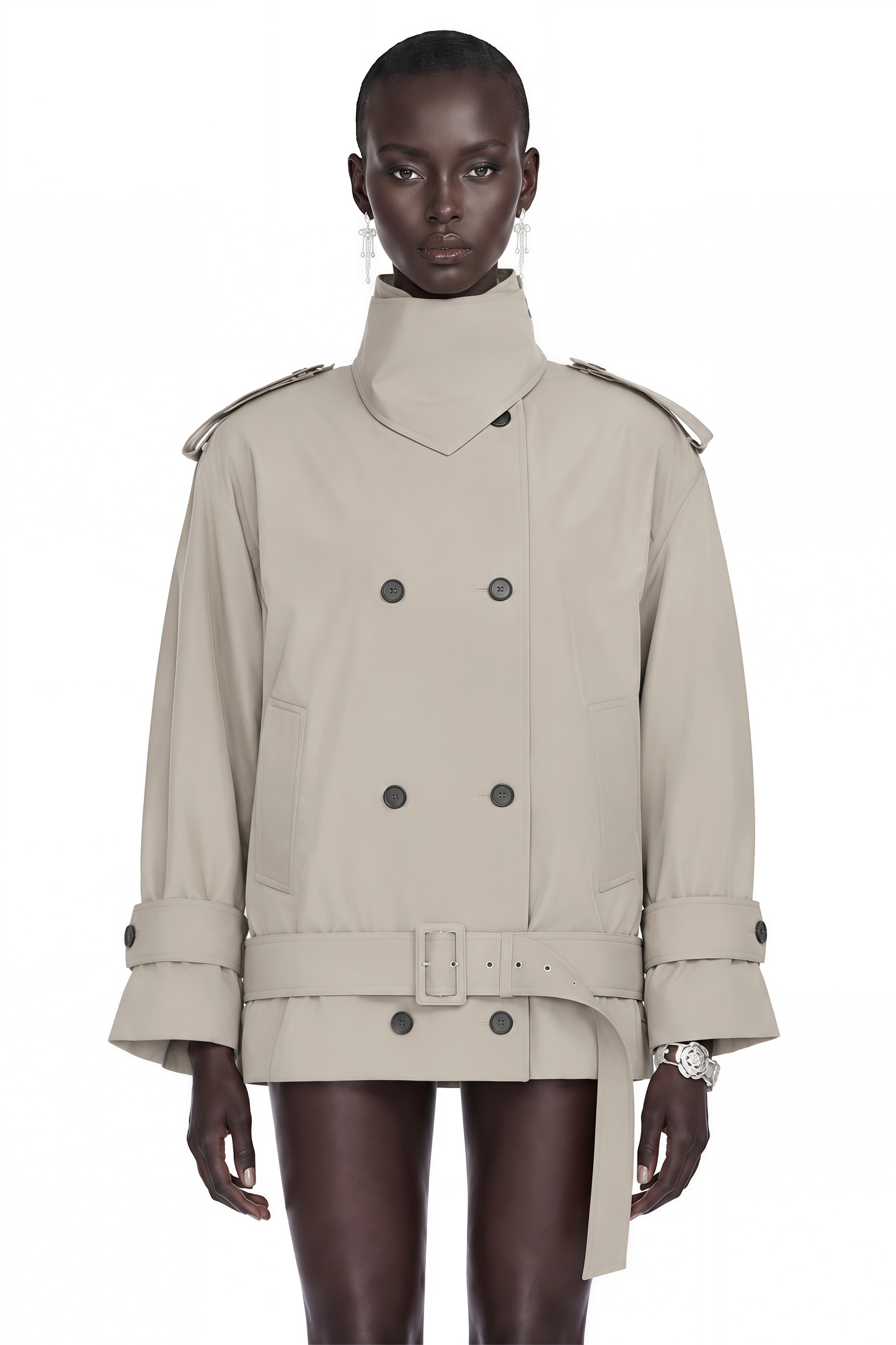 Mavis Grey Double-Breasted Belted Trench Coat