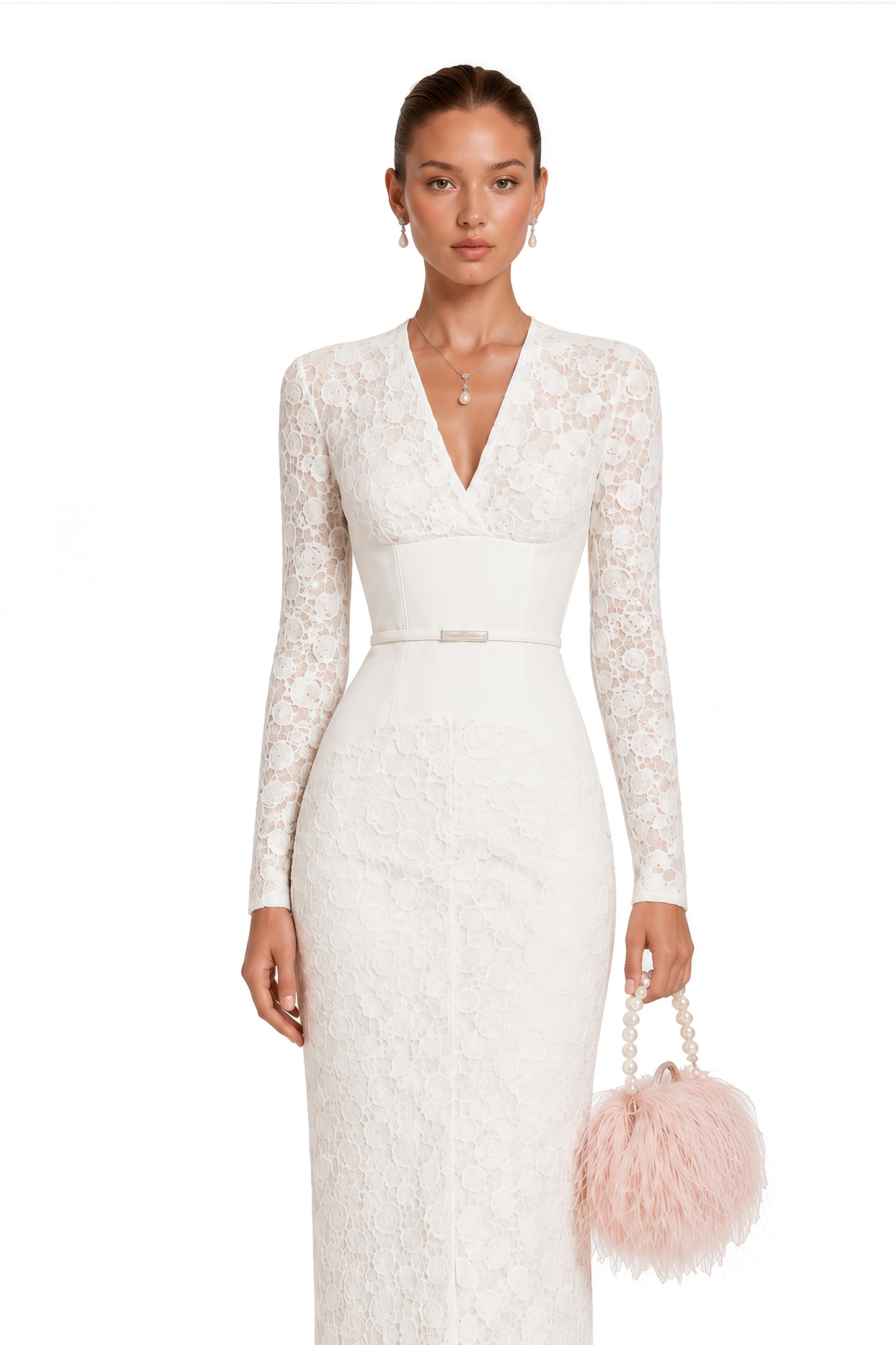 Oona White Floral Lace Pencil Midi Dress