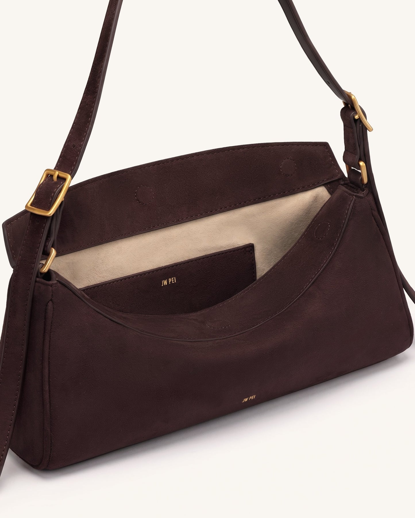 Elowen Faux Suede East-West Shoulder Bag - Dark Brown