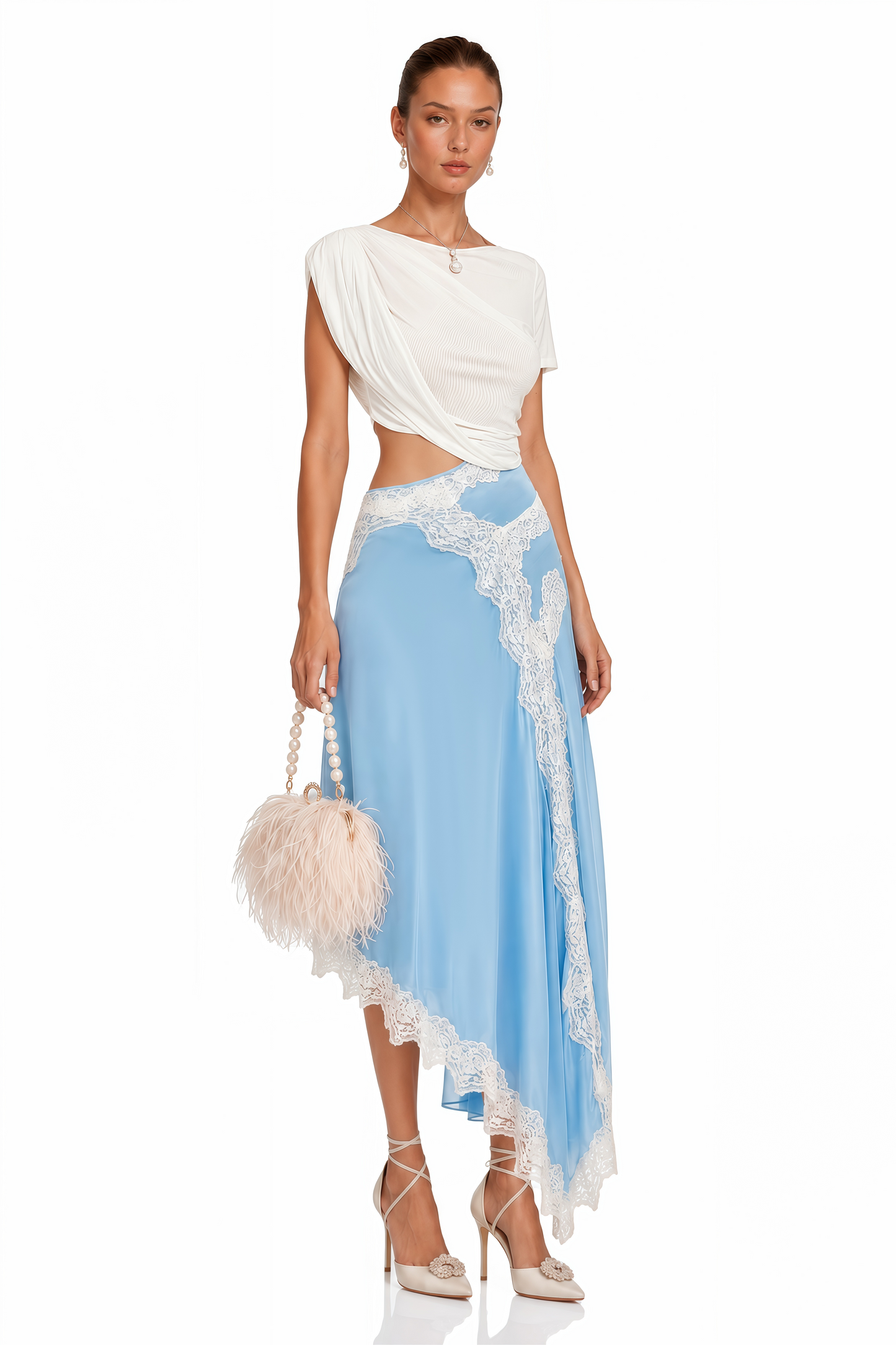 Fiamma Blue Gathered Lace Panel Maxi Dress