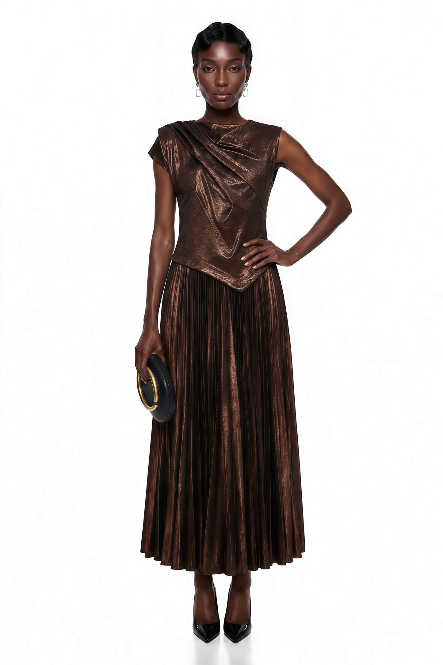 Jacinta Chocolate Brown Asymmetrical Pleated Maxi Dress