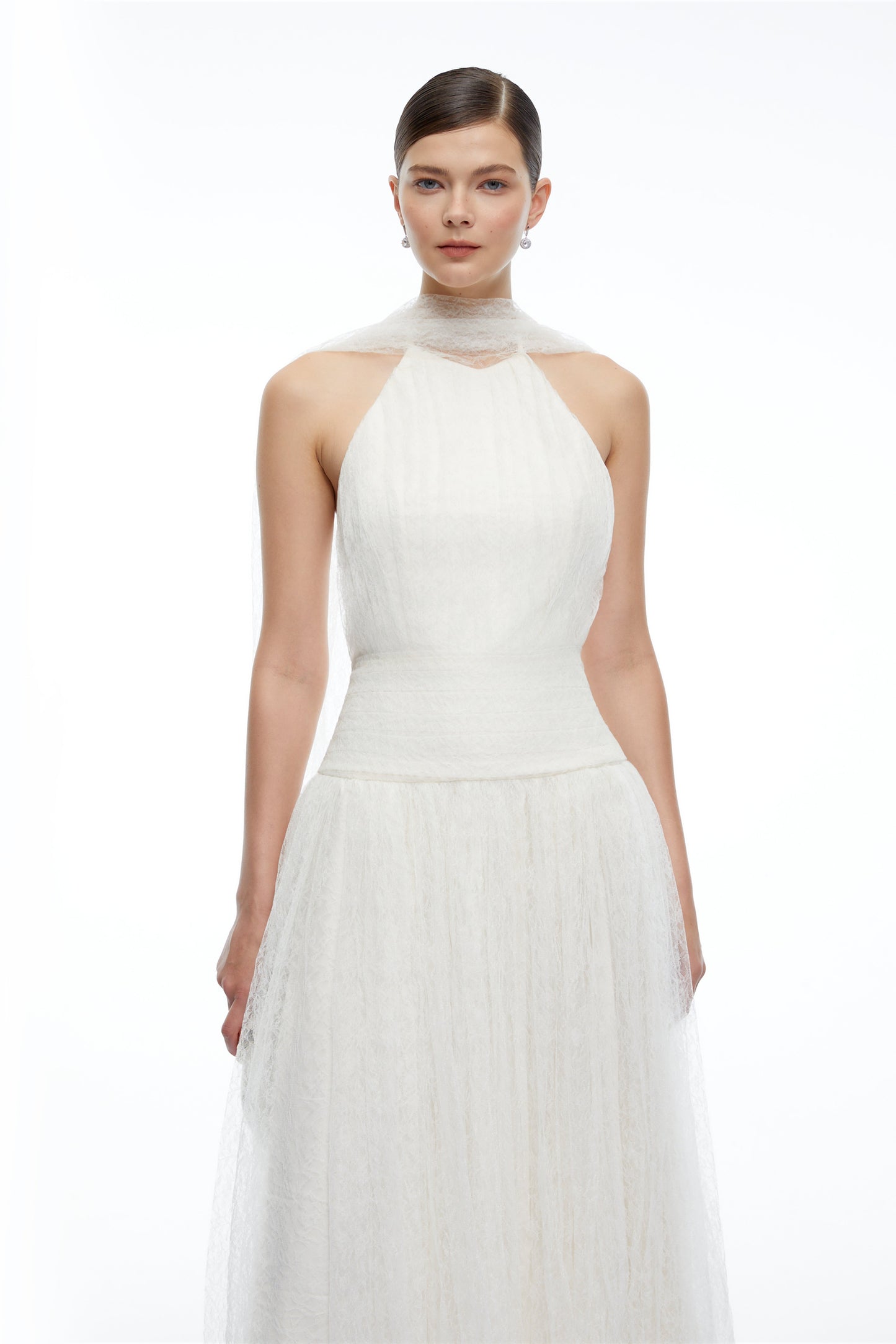 Charlotte Ivory Halterneck Lace Maxi Dress with Cape