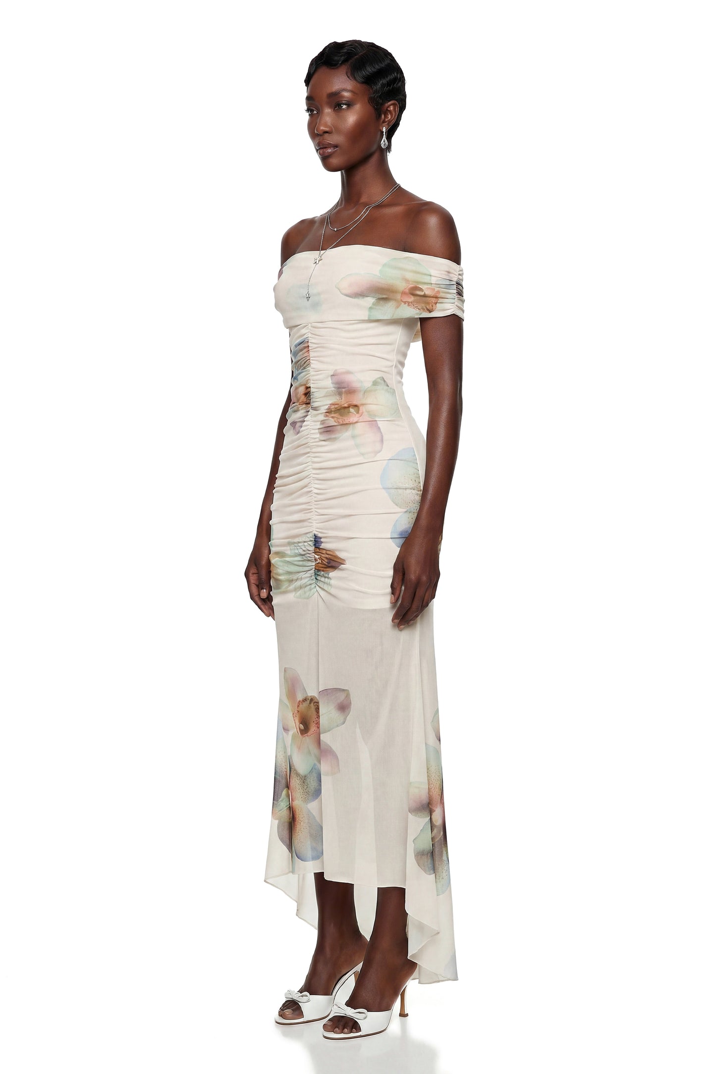 Adeline White Floral Print Off Shoulder Maxi Dress