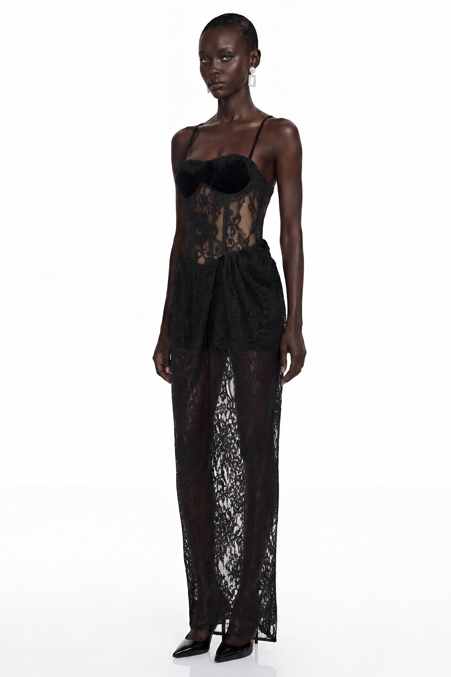 Agneta Black Sweetheart Lace Ruffled Maxi Dress