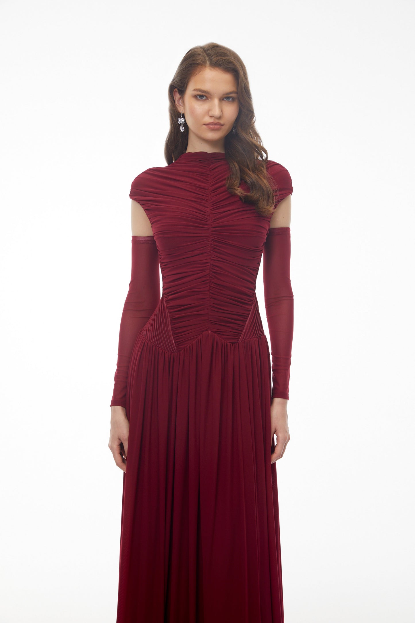Alberte Red Mock Neck Ruched Maxi Dress