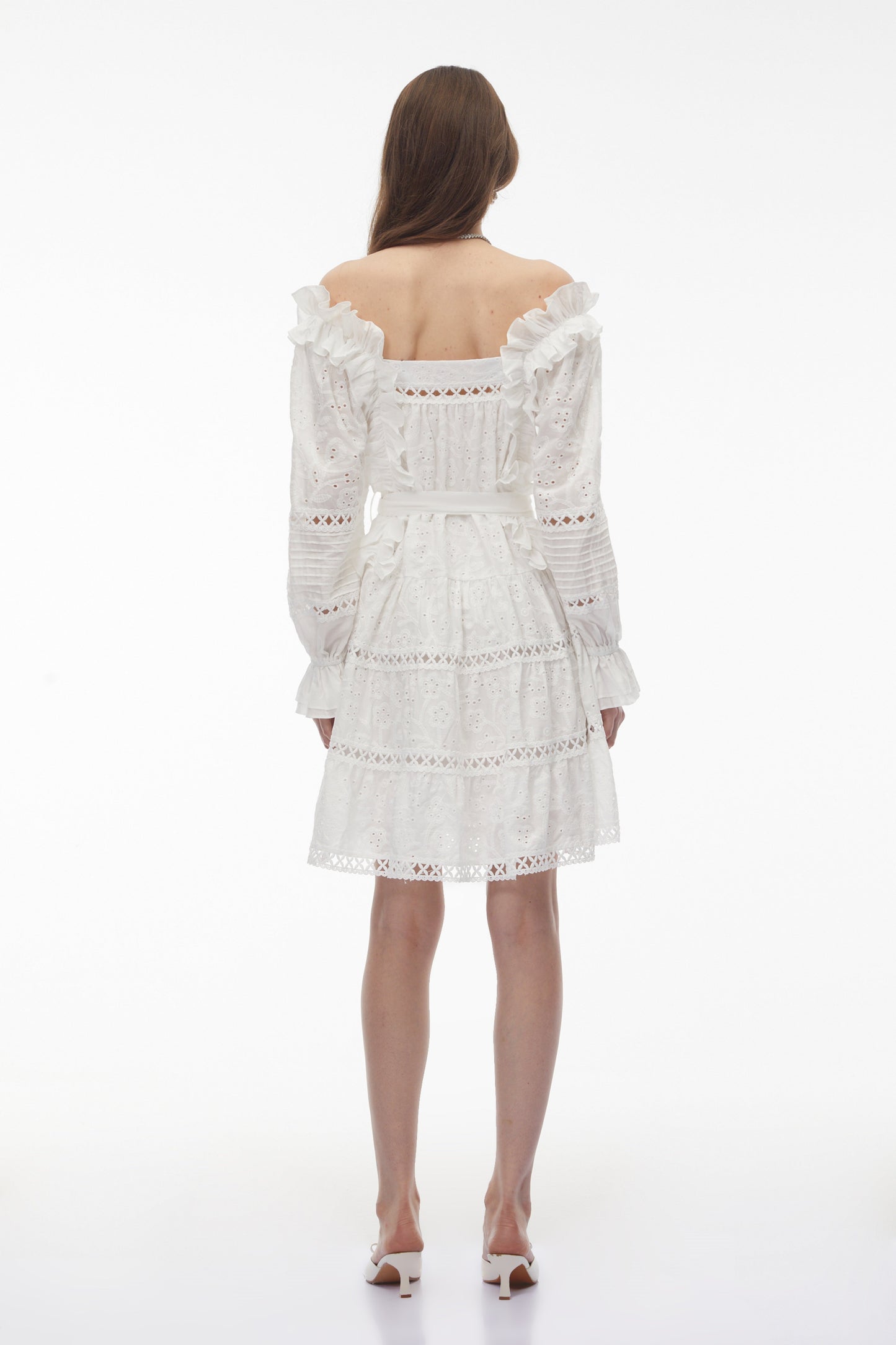 Alcestis White Ruffled Mini Dress with Self-Tie