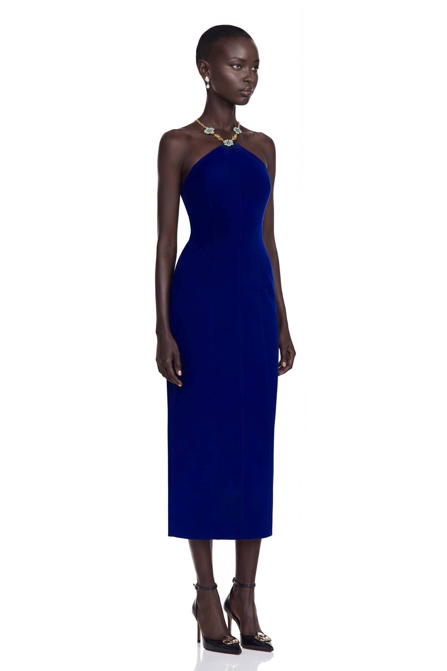 Alejandra Navy Blue Embellished Halterneck Midi Dress