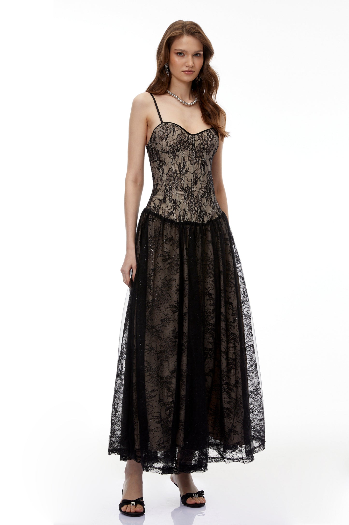 Alessa Black Floral Lace Maxi Dress with Tulle Panels