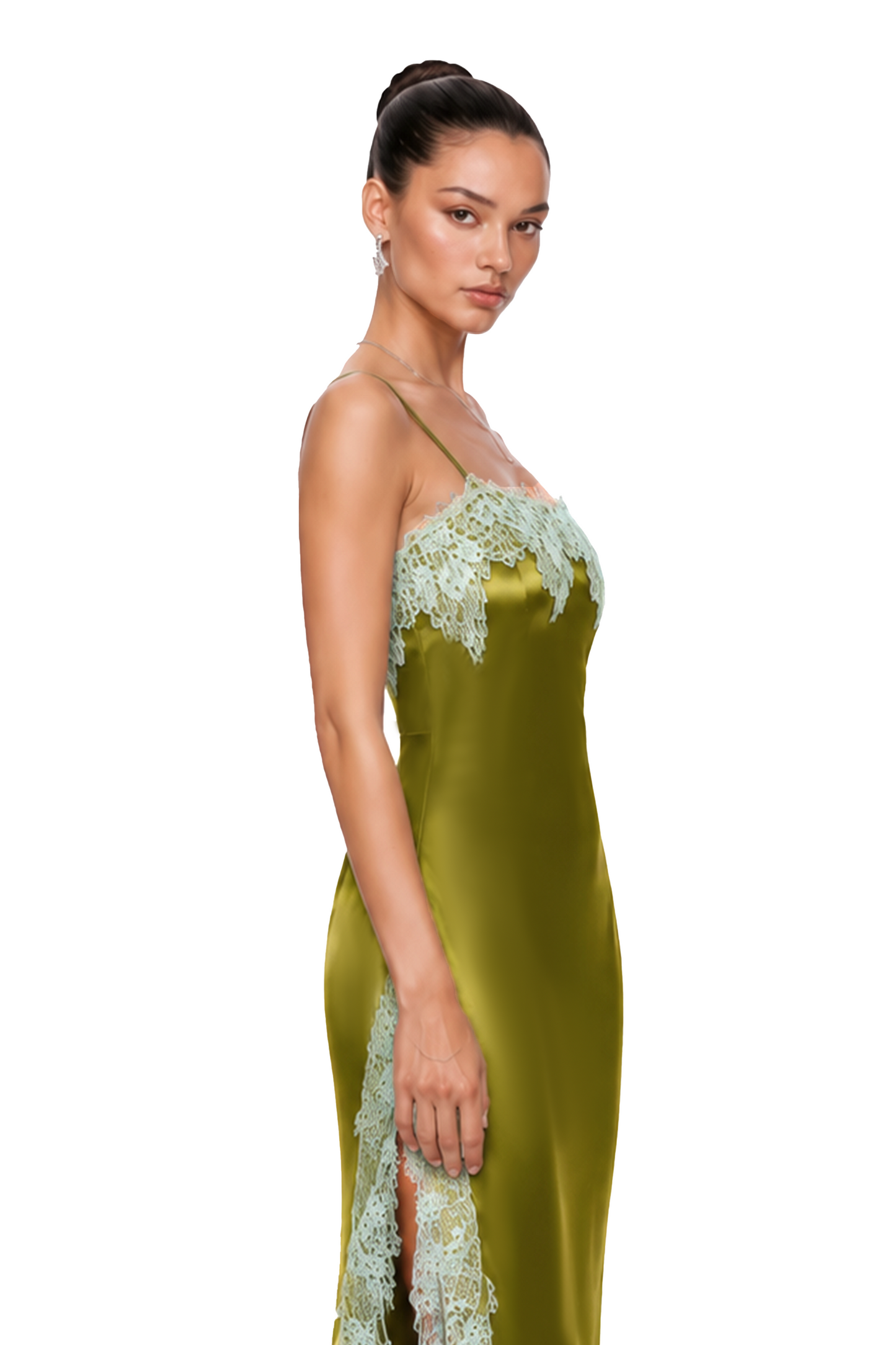 Alina Olive Green Satin Maxi Dress with Lace Trim
