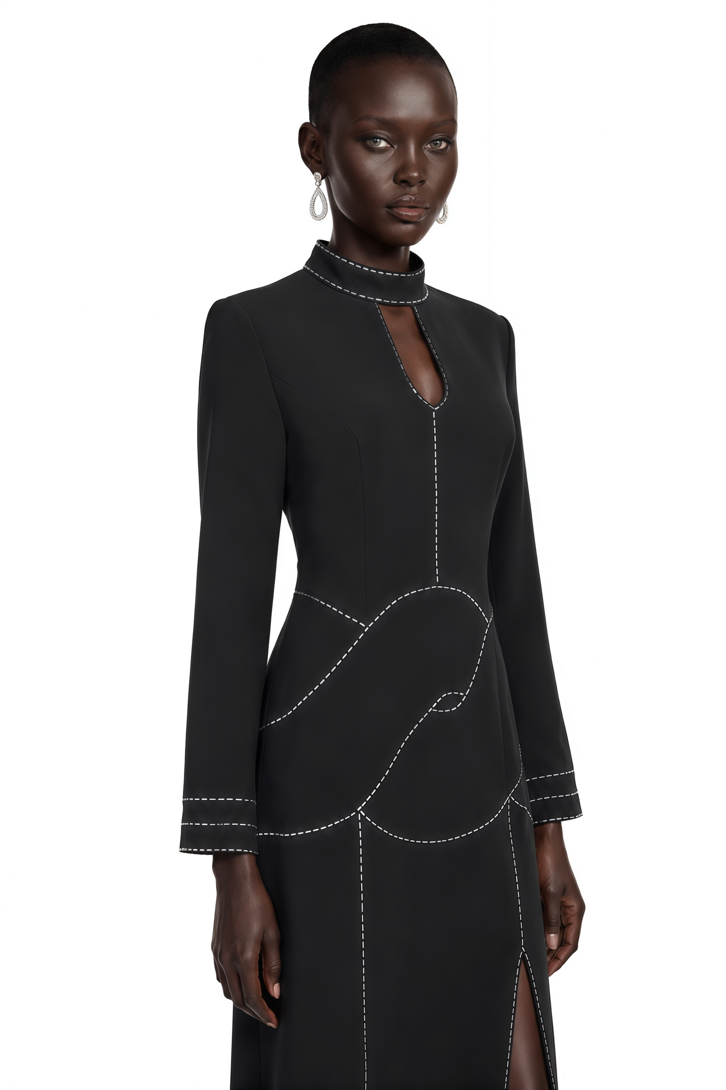 Anais Black High Neck Maxi Dress with Slit and Rhinestone Trim