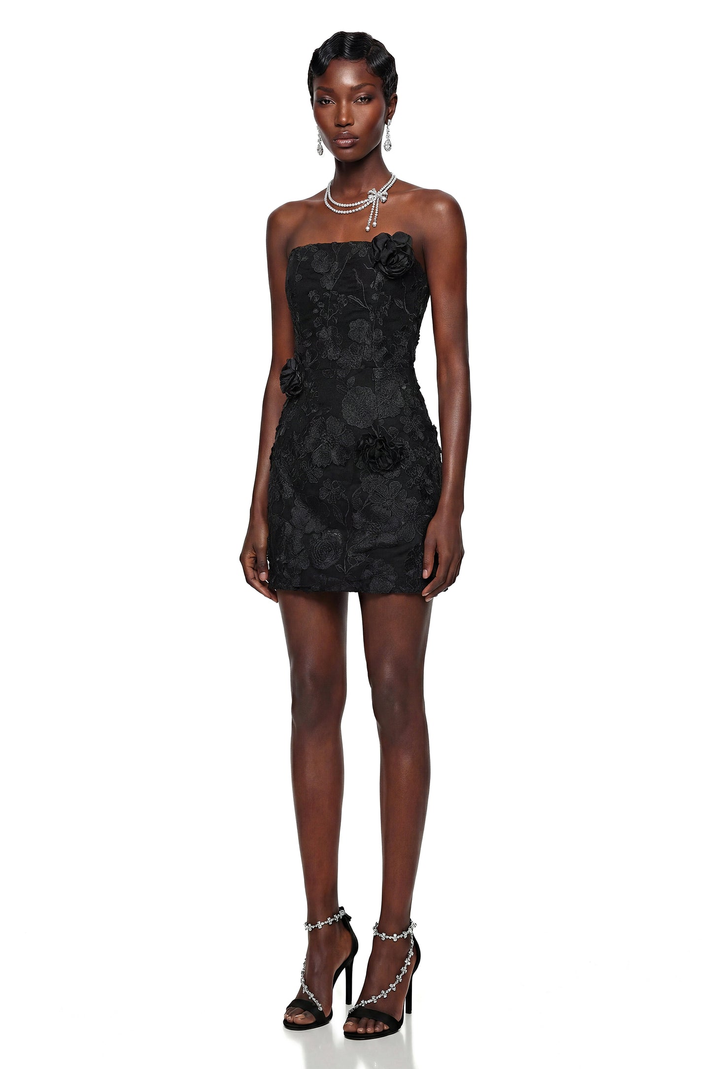 Anette Black Off Shoulder Mini Dress with 3D Petals