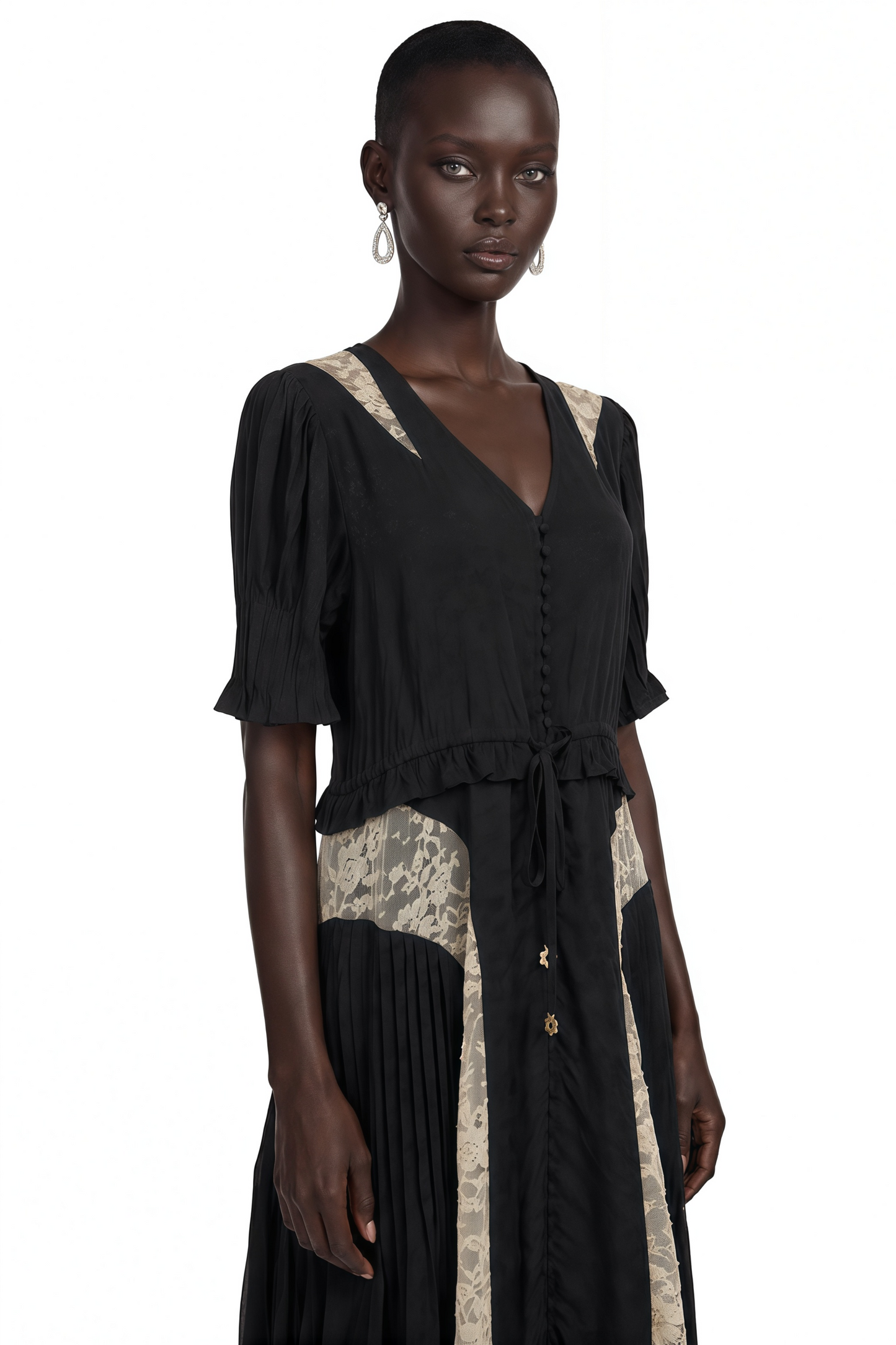Annabeth Black V-Neck Midi Dress with Lace Panels