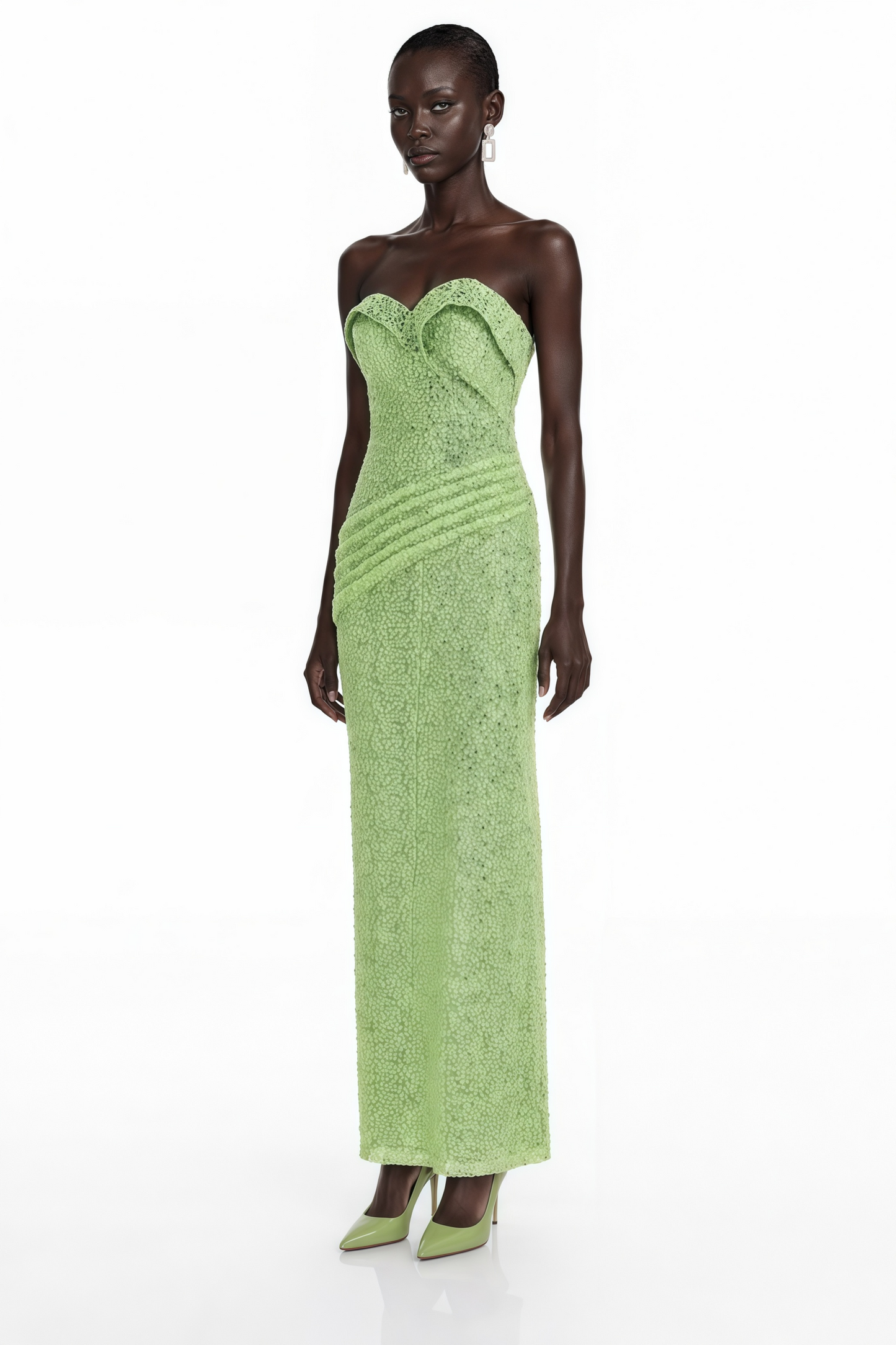 Arapuni Green Off Shoulder Rhinestone Maxi Dress