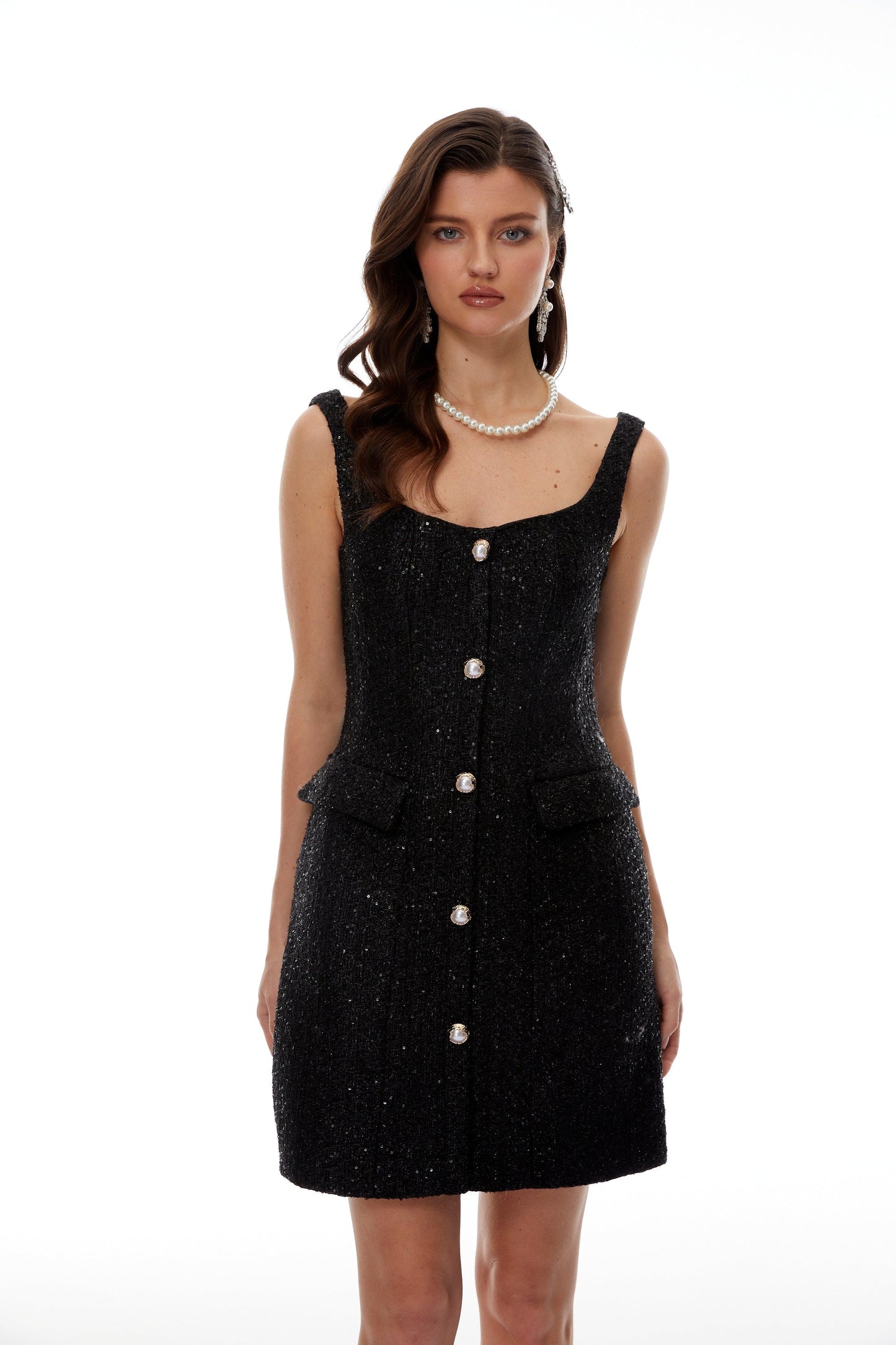 Arna Black Square Neck Tweed Mini Dress