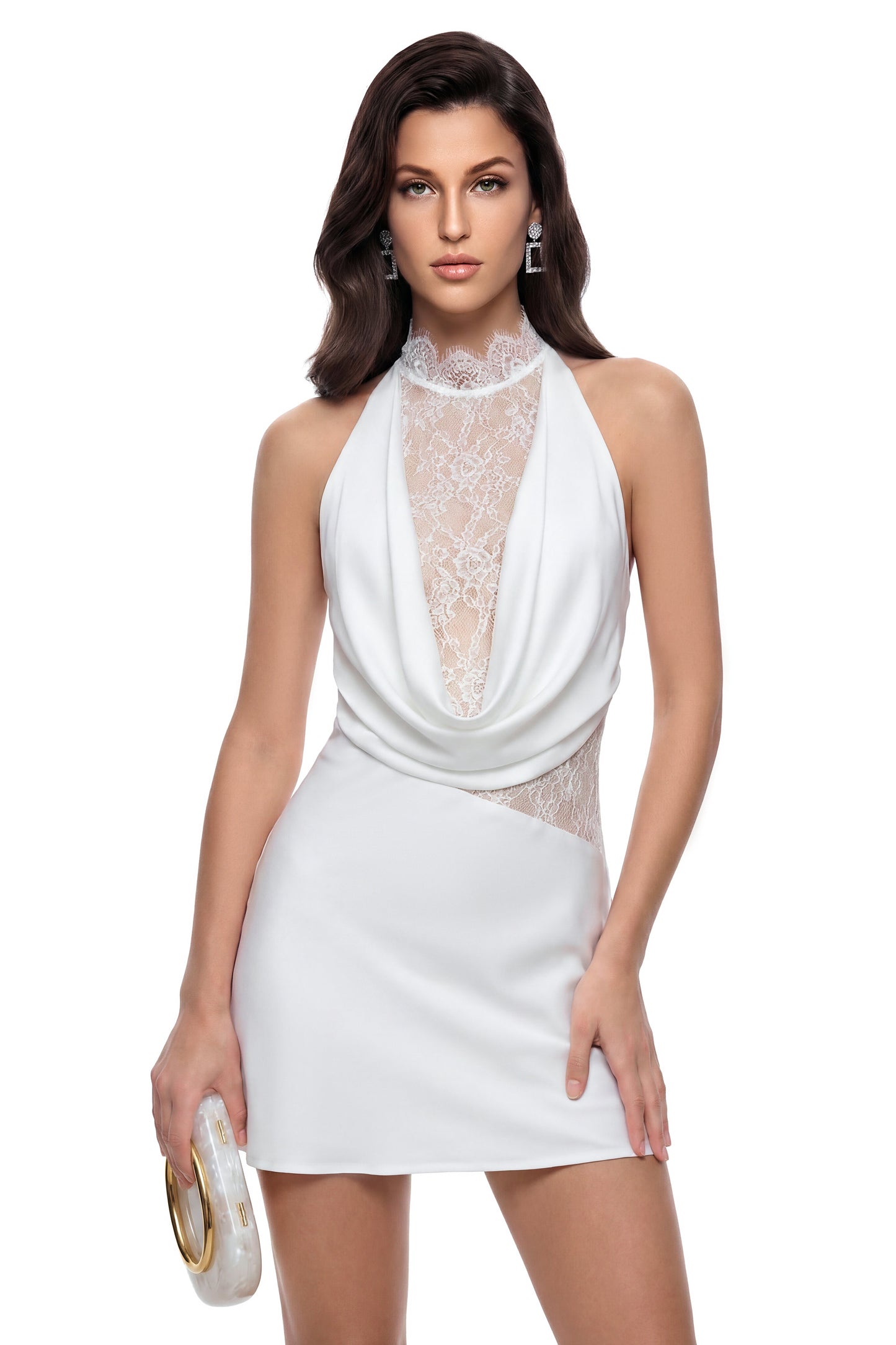 Asma White Halterneck Lace Panel Mini Dress