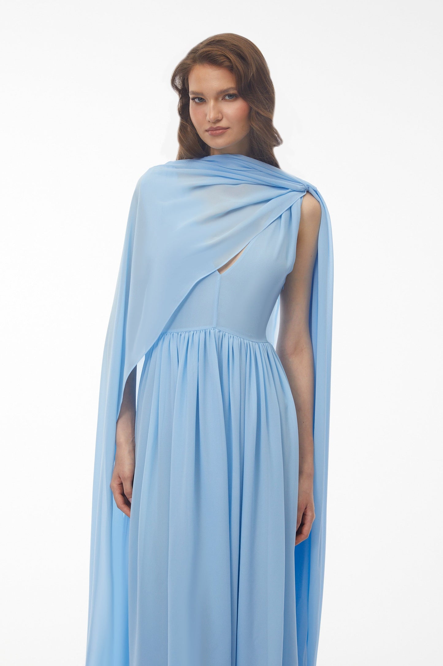 Beatrice Mavi Dantelli Oversize Pelerinli Midi Elbise