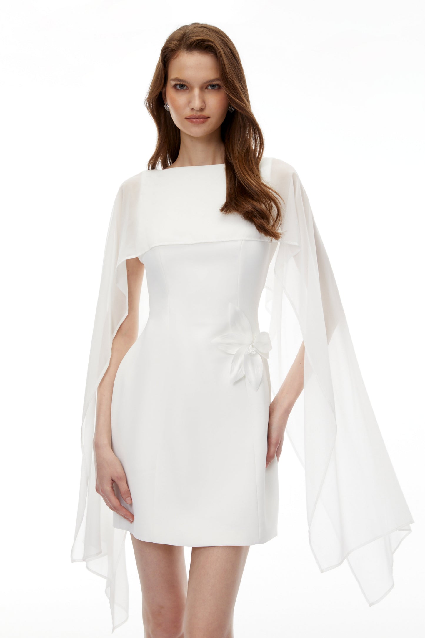 Bellatrix White Cape Mini Dress with 3D Florals