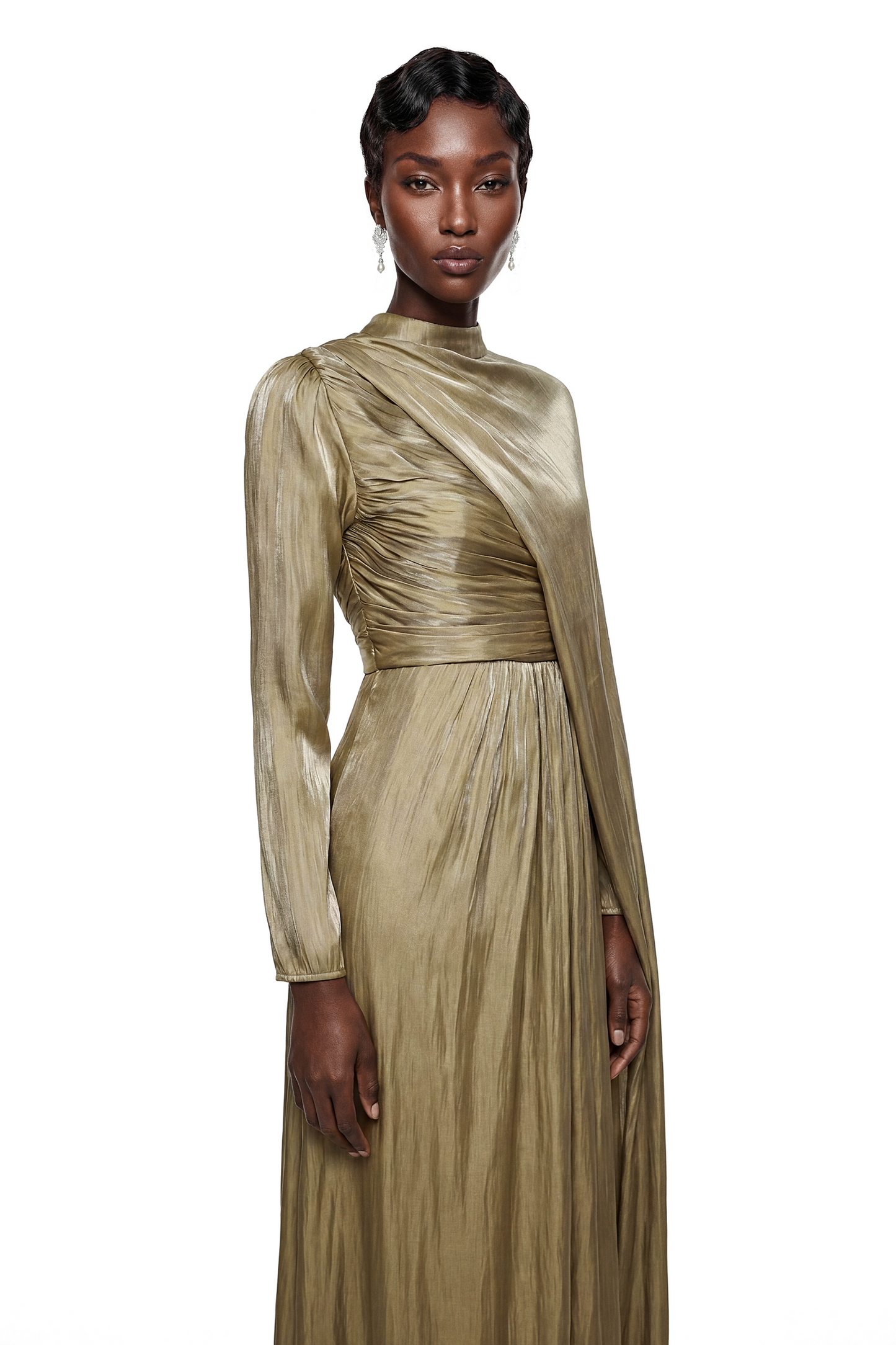 Berenike Gold Glossy Maxi Dress with Cape