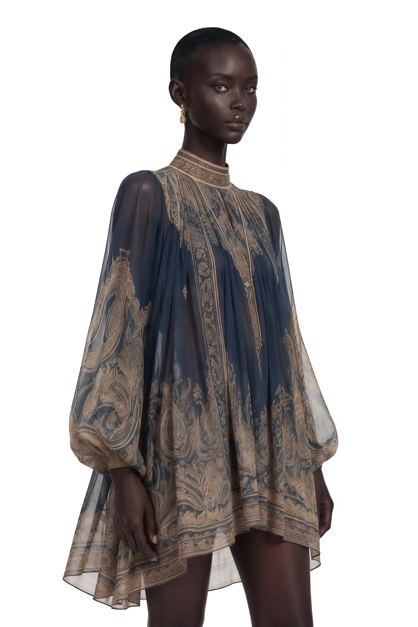 Bertille Blue Baroque Print High Neck Mini Dress